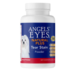 ANGELS' EYES Natural Plus tear stain powder bottle for dogs supports brighter eyes and a cleaner look.