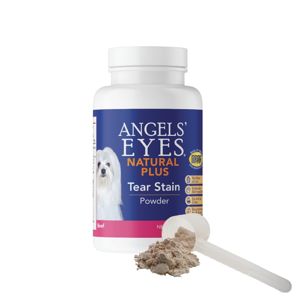 ANGELS' EYES Natural Plus powder bottle for dogs to reduce eye stain appearance.
