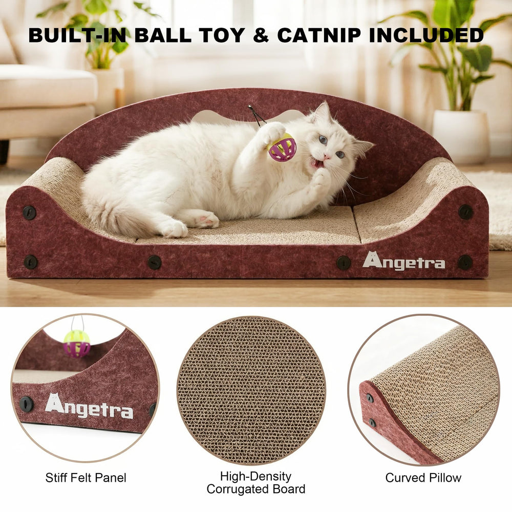 Angetra built-in ball toy with catnip attracts play while protecting furniture.