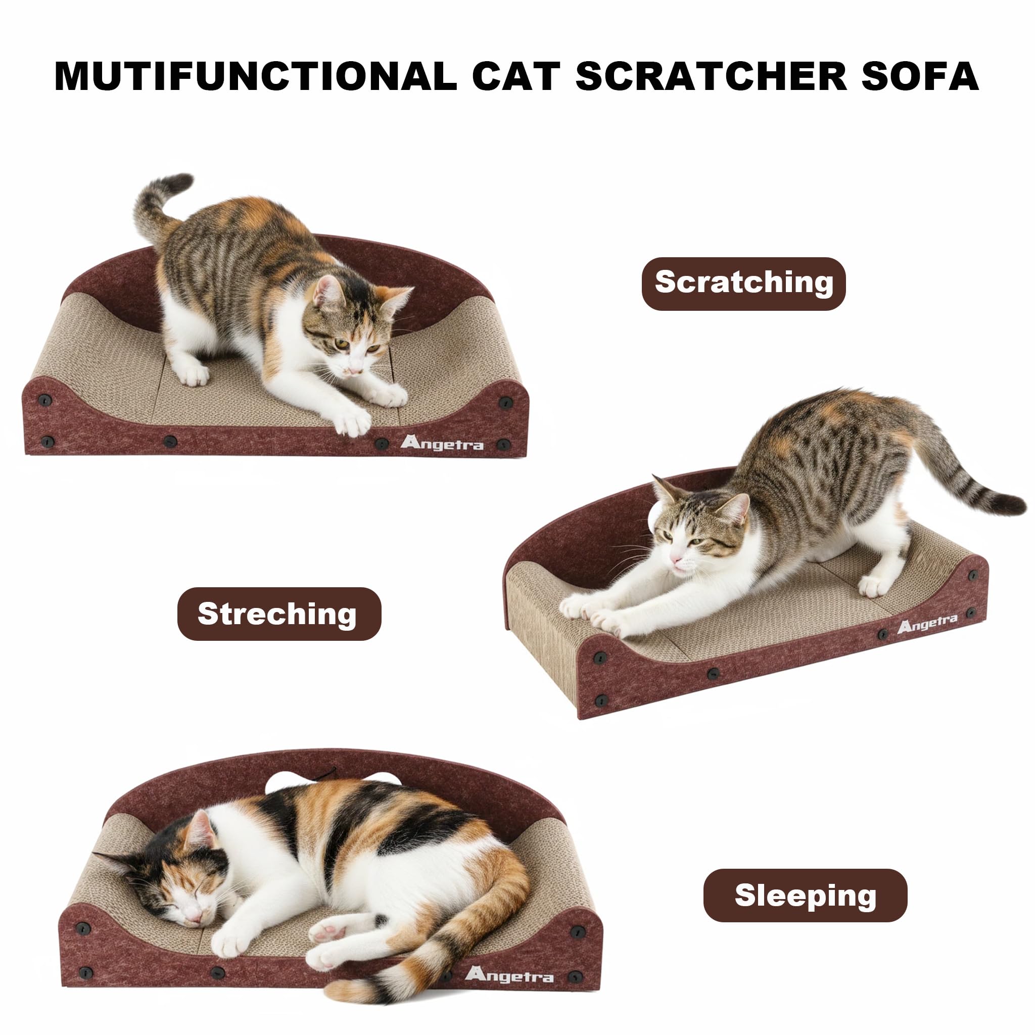 Angetra ergonomic cat couch scratcher shows pillow-like comfort for naps.