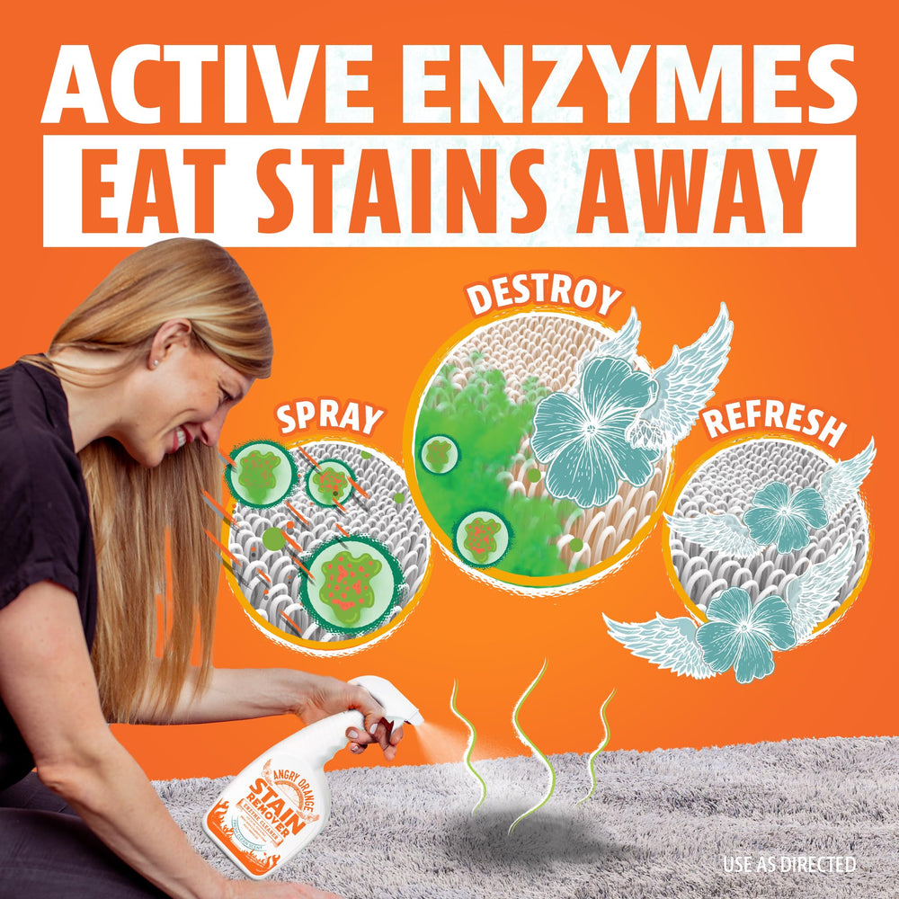 Angry Orange carpet and upholstery odor remover penetrates fibers