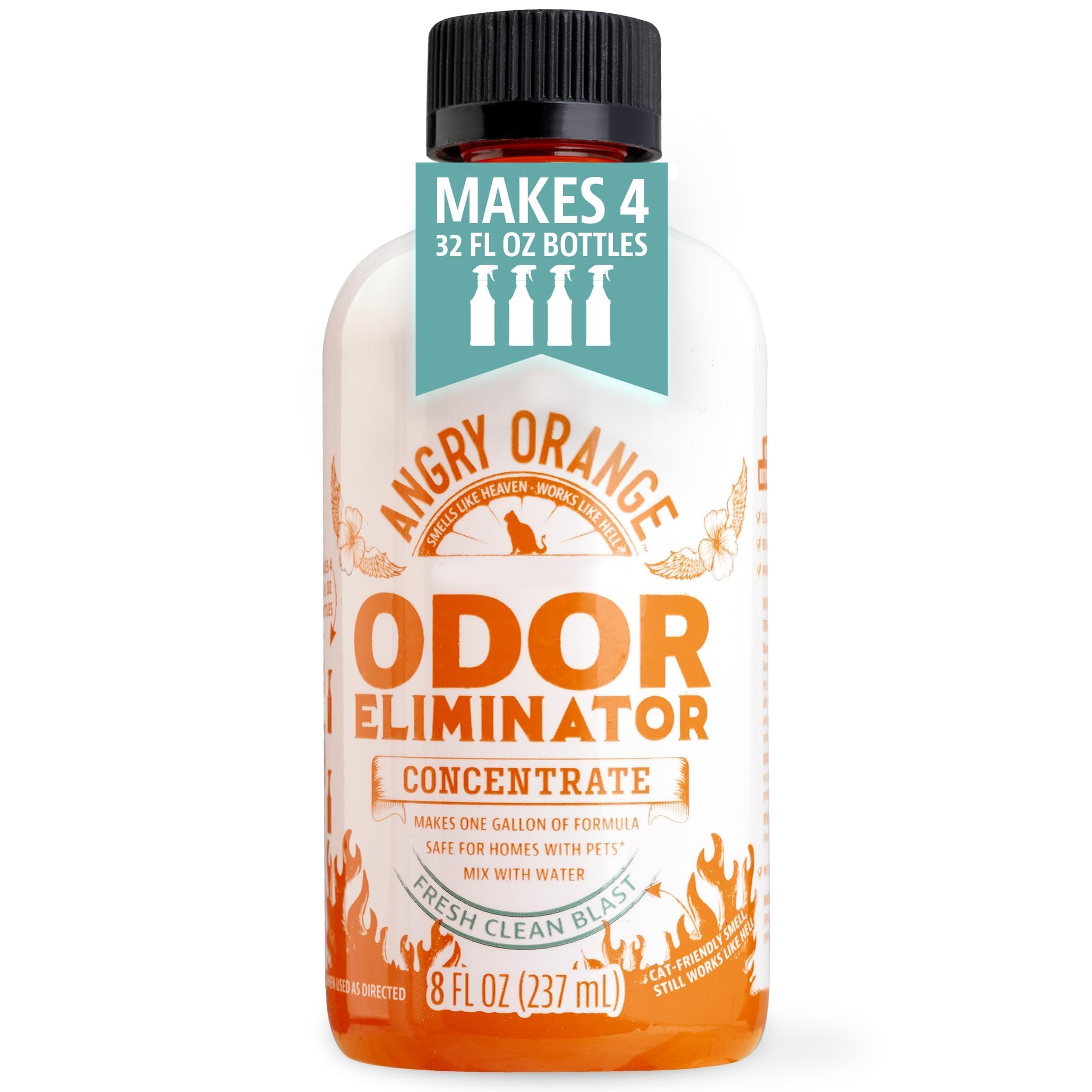 Angry Orange concentrate label closeup highlights fresh scent for pet odors