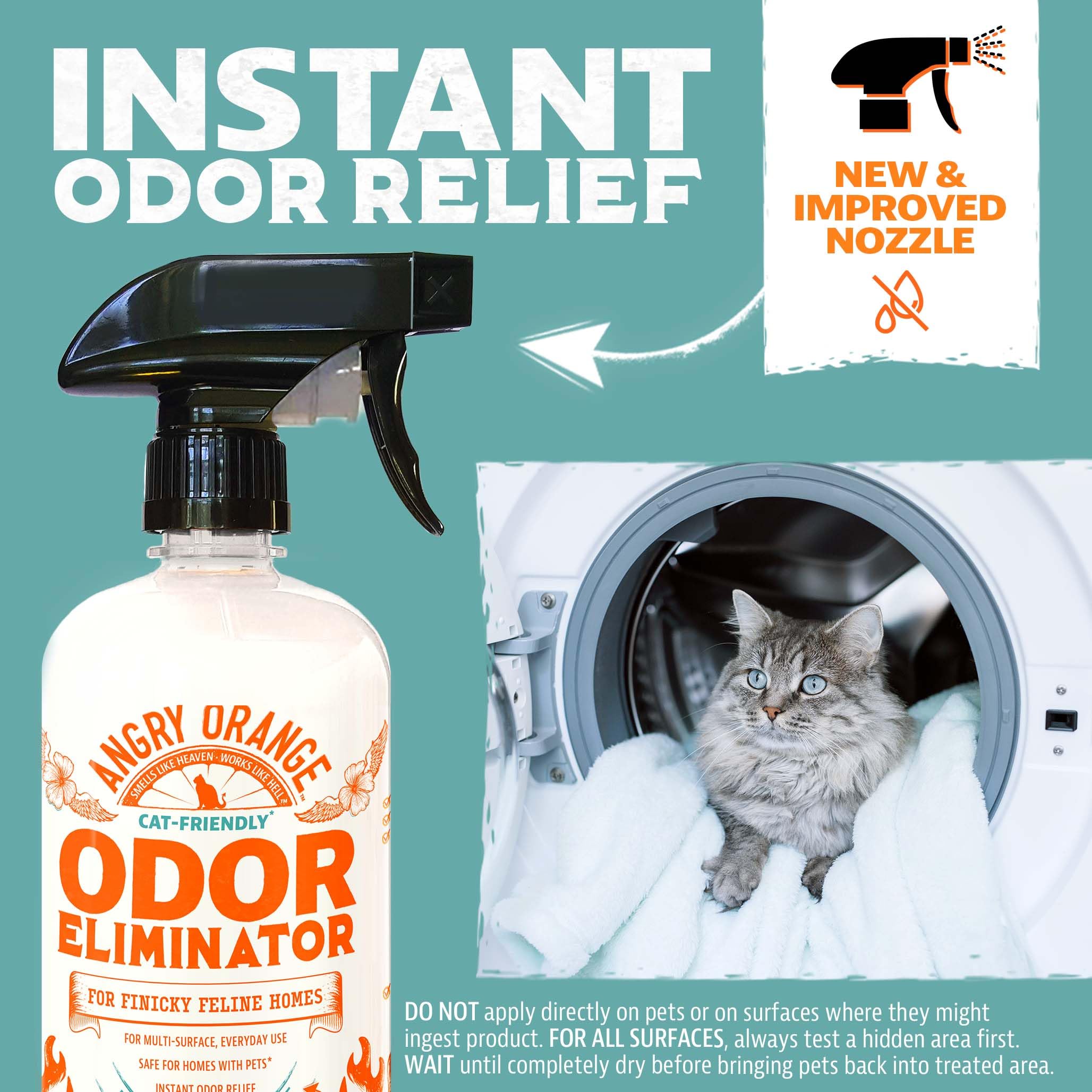 Angry Orange Pet Odor Eliminator Spray in action on a surface for odor removal.