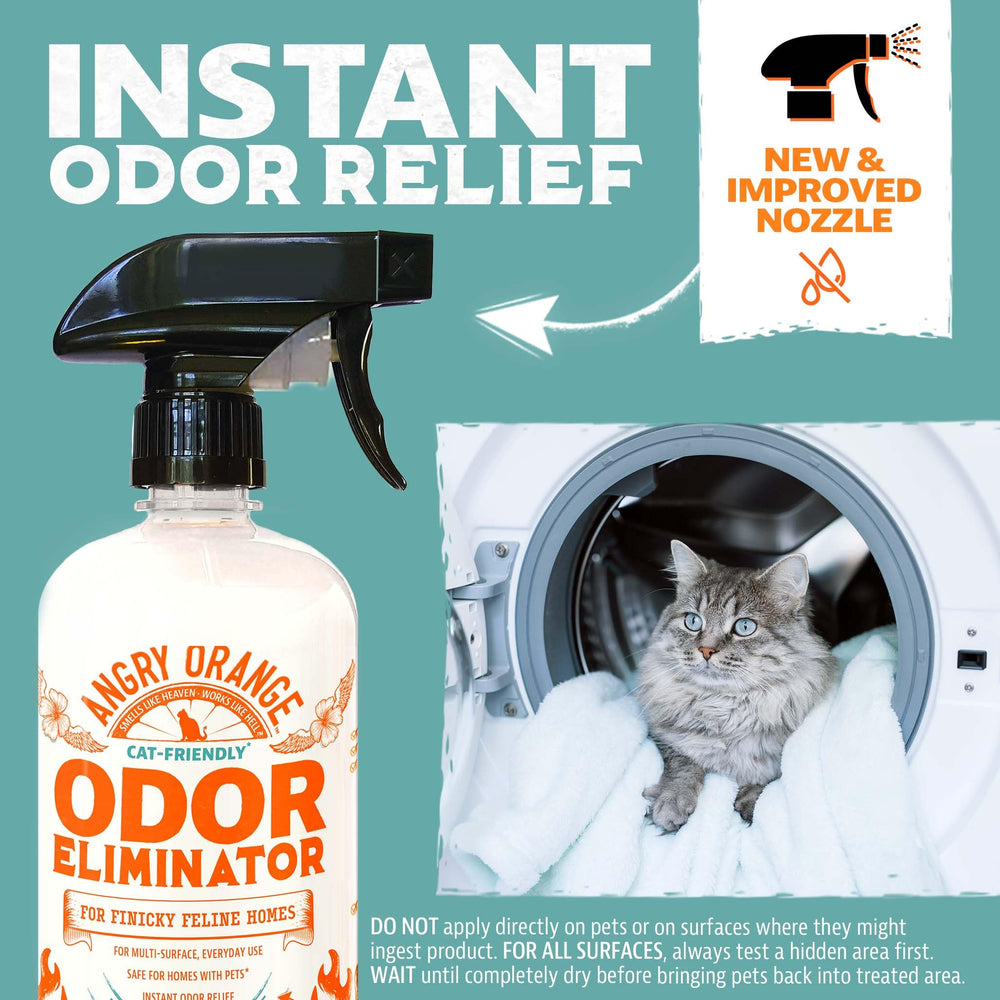 Angry Orange Pet Odor Eliminator Spray in action on a surface for odor removal.