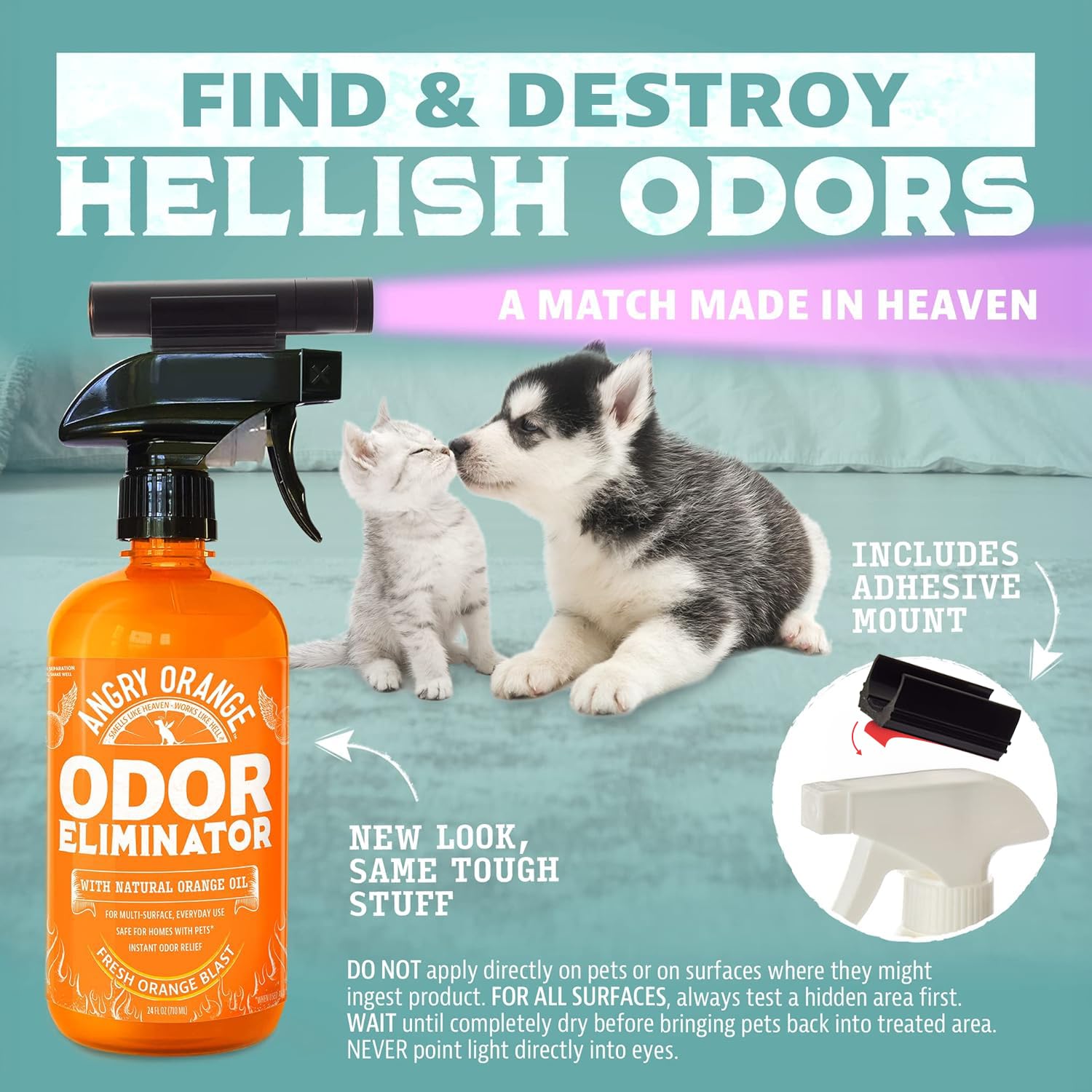 Angry Orange UV flashlight reveals hidden urine stains for targeted treatment.