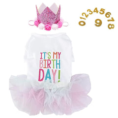 ANIAC dog birthday dress and hat set with pink tutu for small pets
