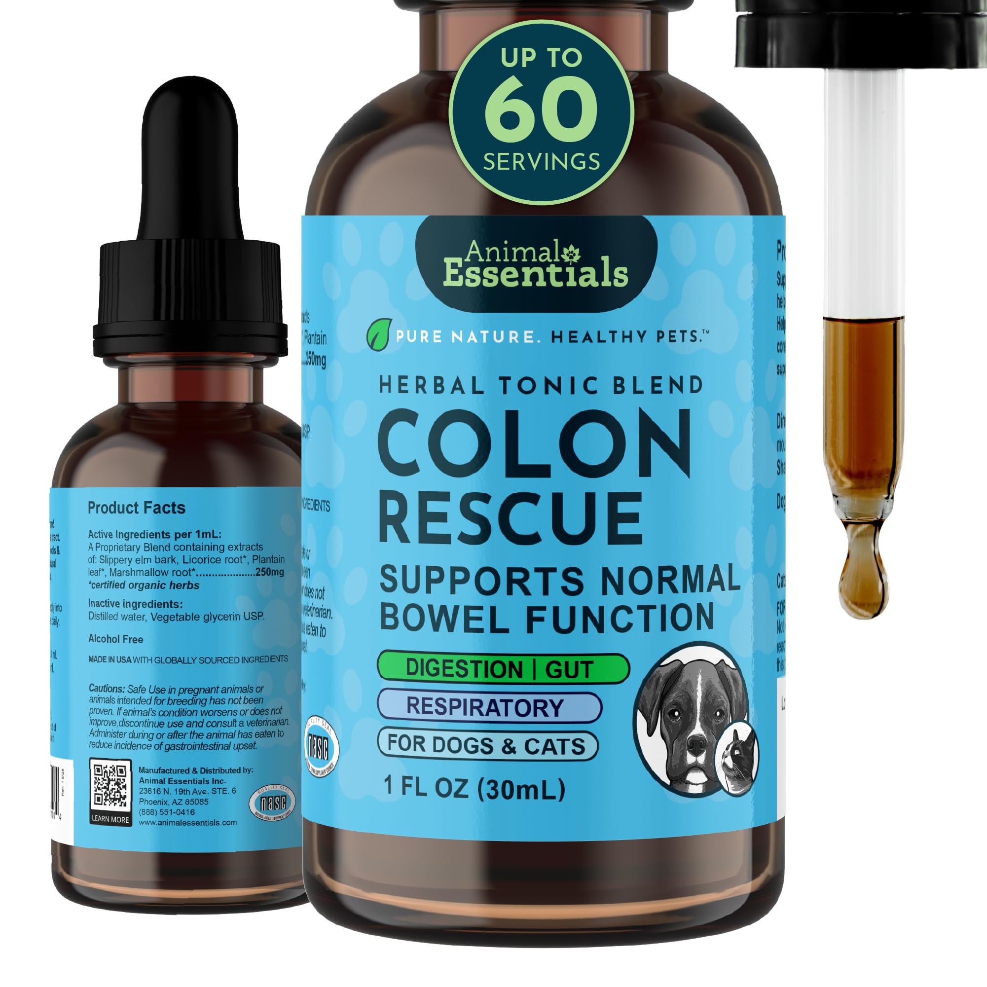 Animal Essentials Colon Rescue bottle demonstrates natural digestive support for dogs and cats.