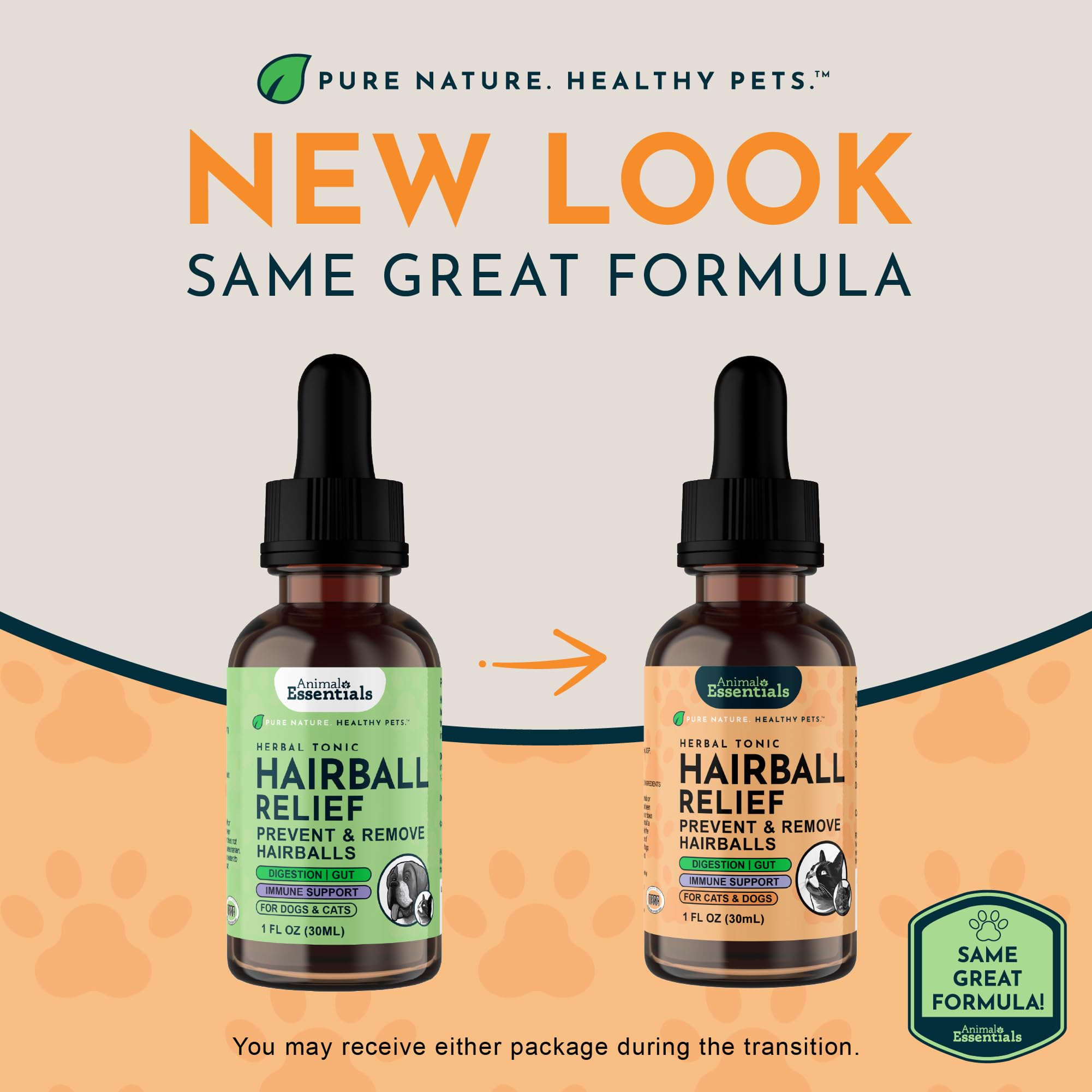 Animal Essentials Hairball Relief bottle label highlighting natural marshmallow root