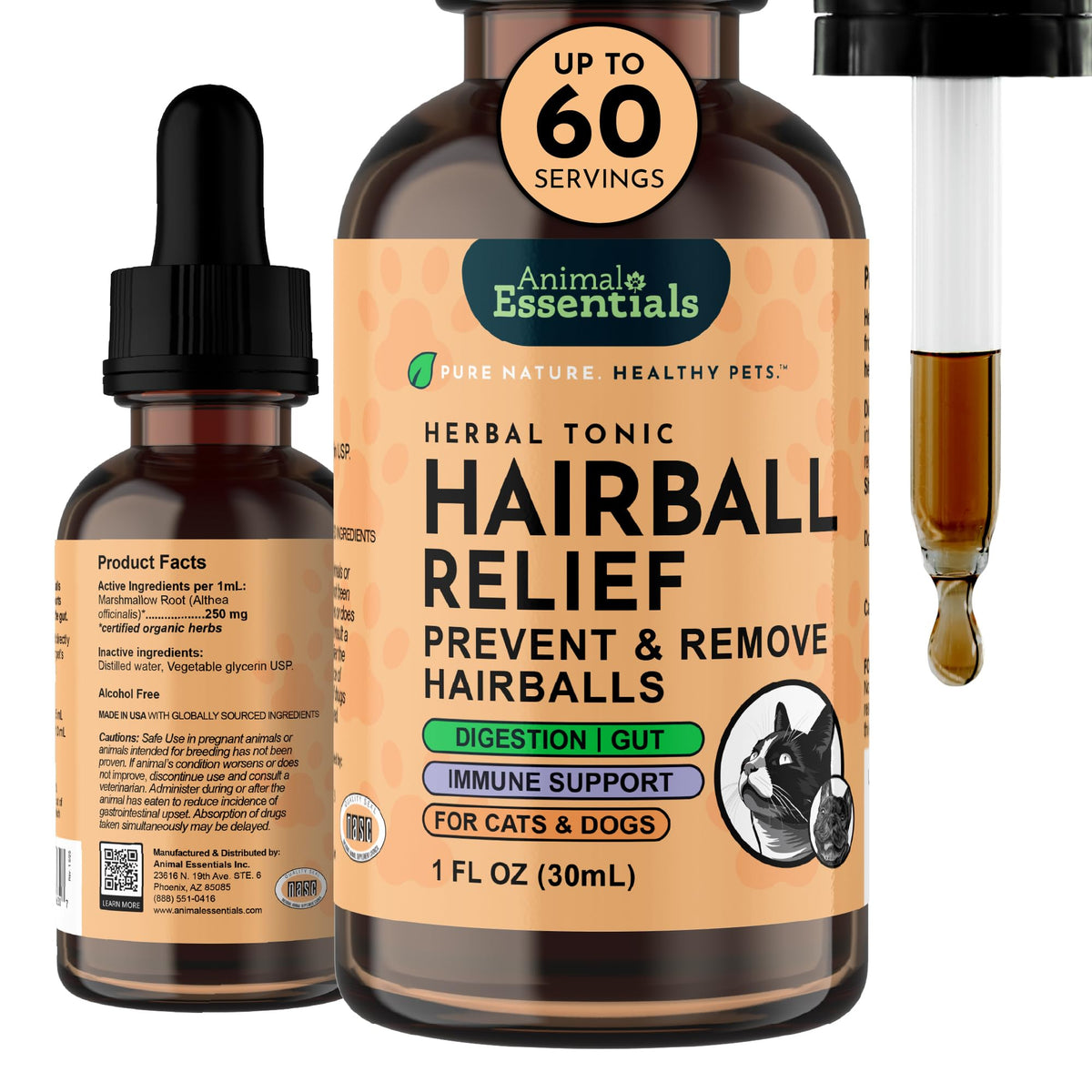 Animal Essentials Hairball Relief bottle pour shows hairball relief for cats and dogs.