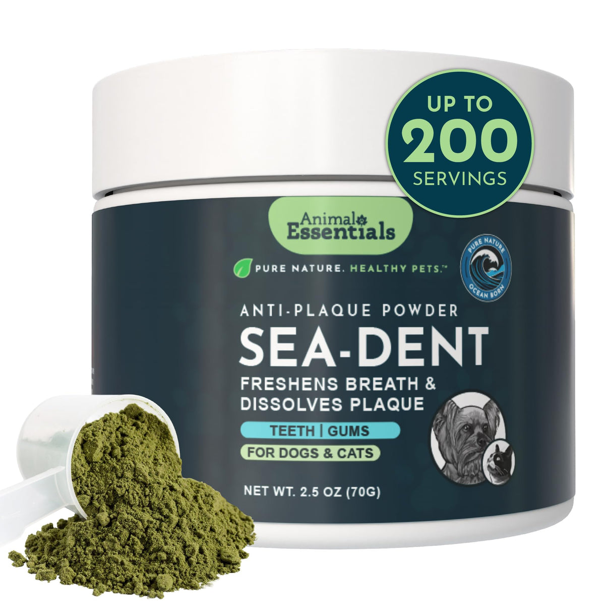 Animal Essentials Sea-Dent dog-teeth-powder supports healthier gums and fresher breath.