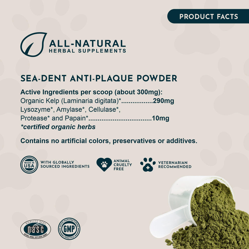 Sea-Dent fresh-breath-benefit suggests odor control for pets.