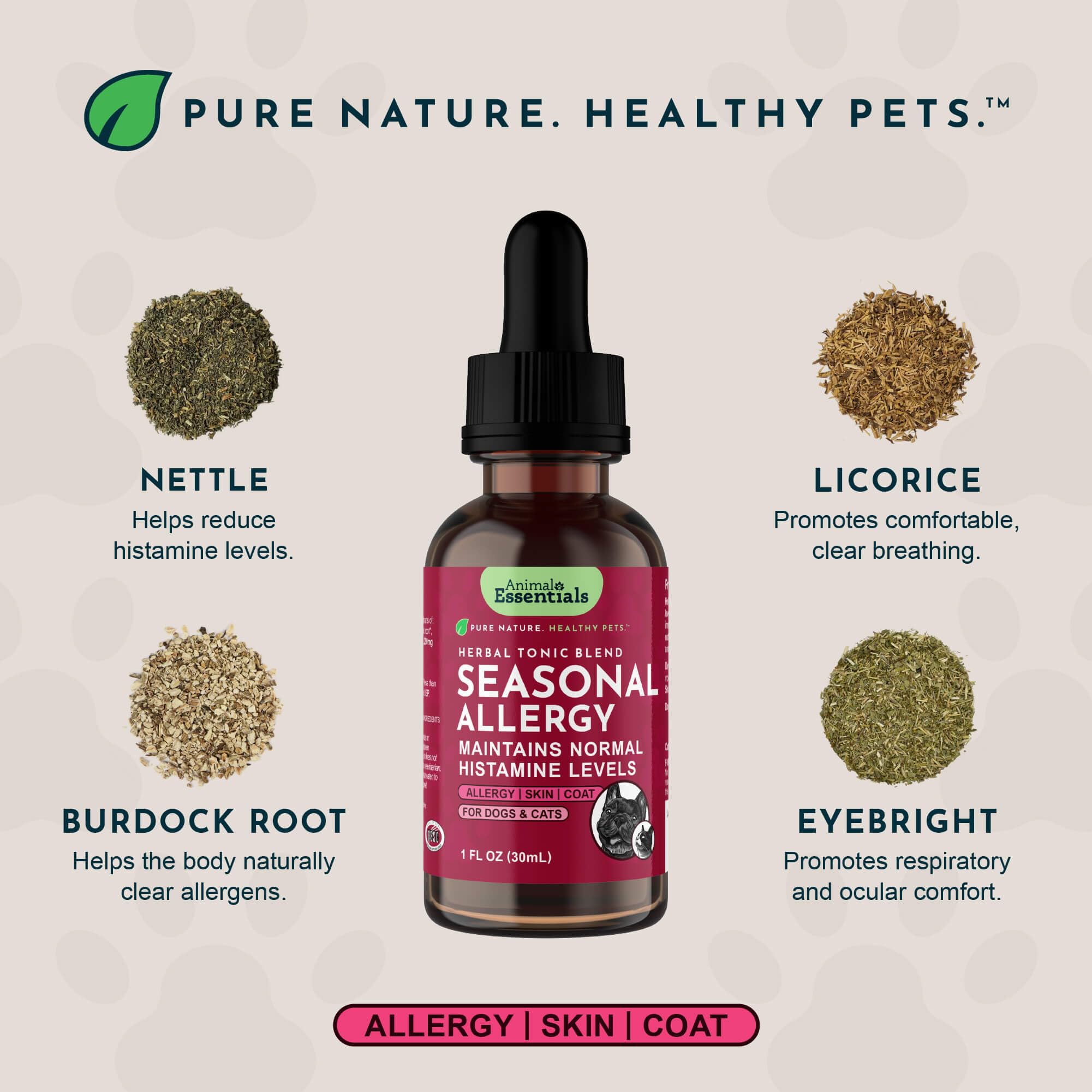 Pouring Animal Essentials Seasonal Allergy Drops highlights a sweet-tasting daily formula