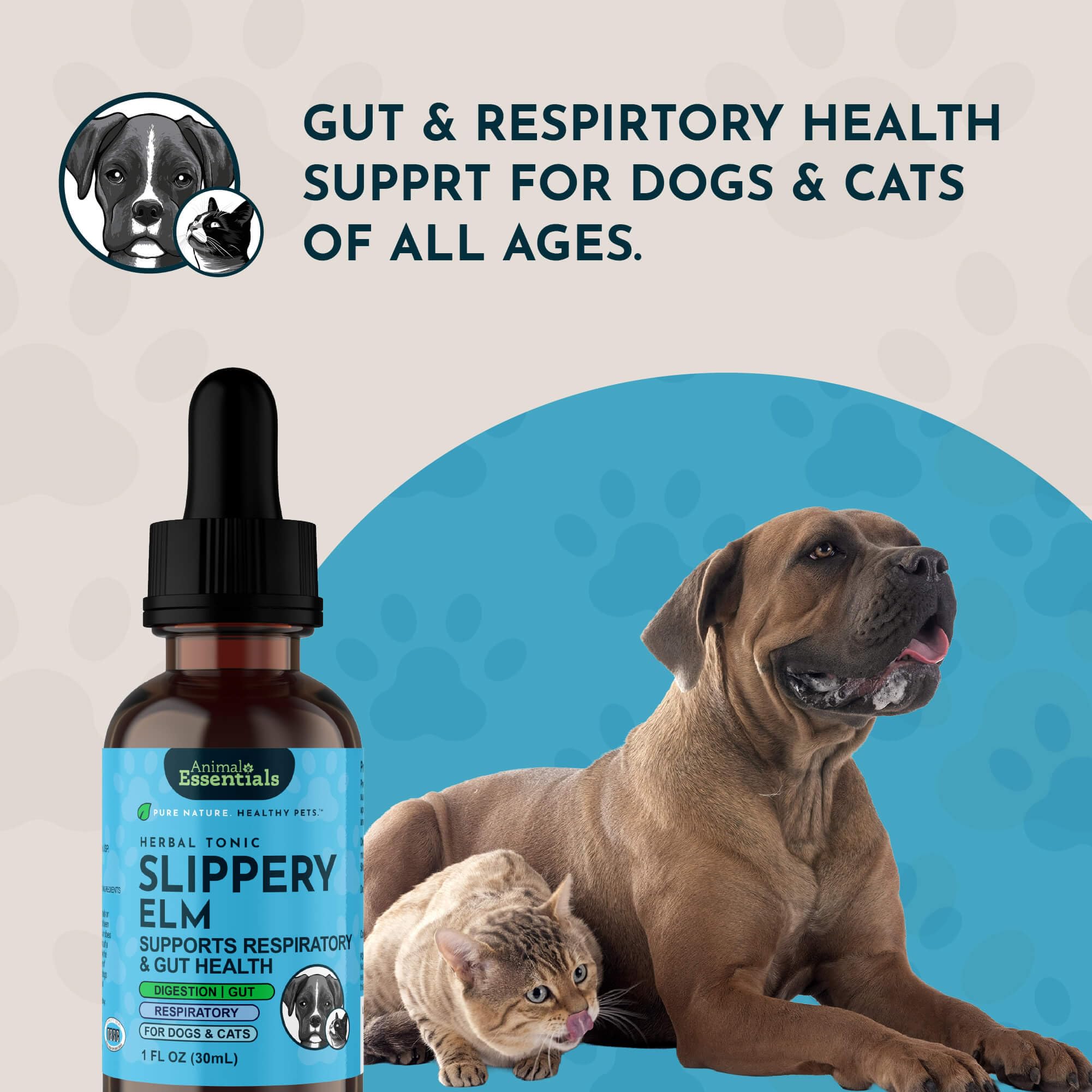 Amber tinted tincture from Animal Essentials Slippery Elm bottle