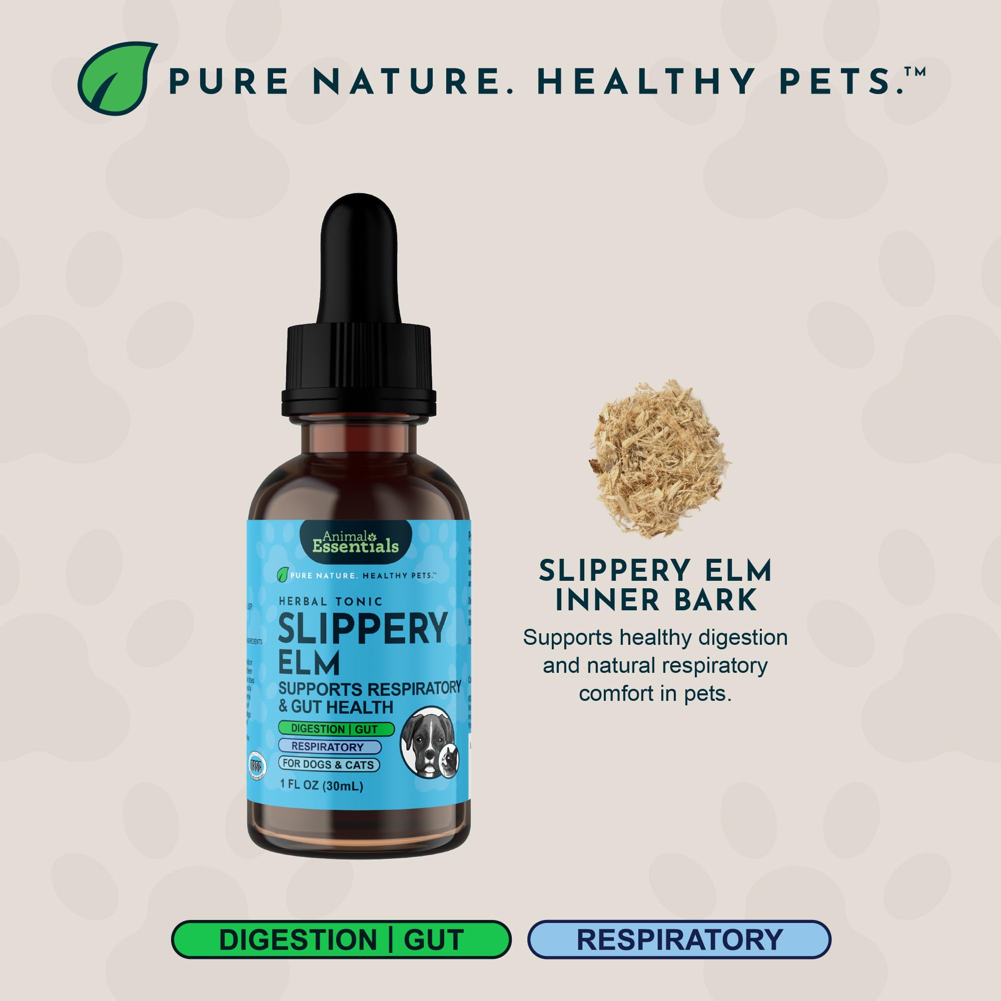 Animal Essentials Slippery Elm drops use organic tincture to support gut function