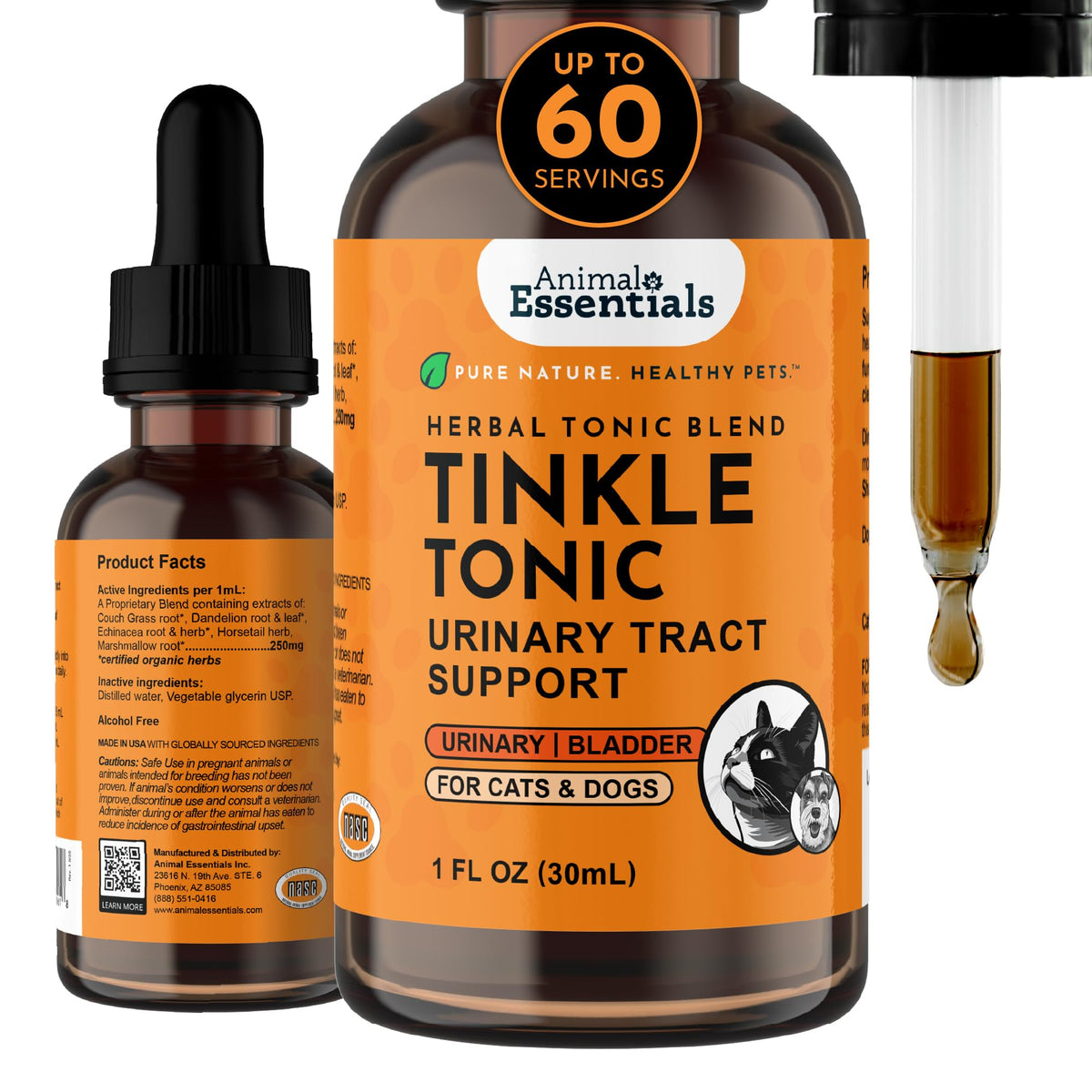 Animal Essentials Tinkle Tonic bottle front view with dropper for urinary support