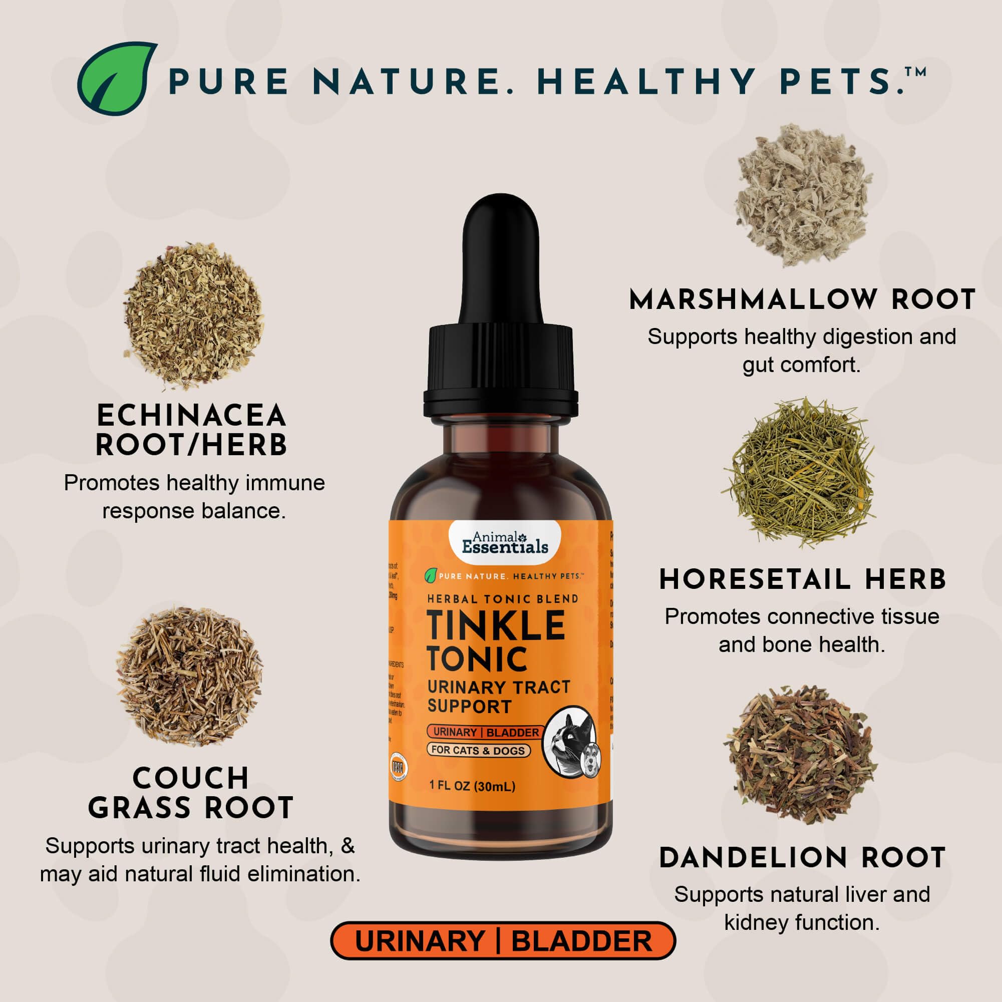 Animal Essentials Tinkle Tonic label close-up highlighting the herbal blend.