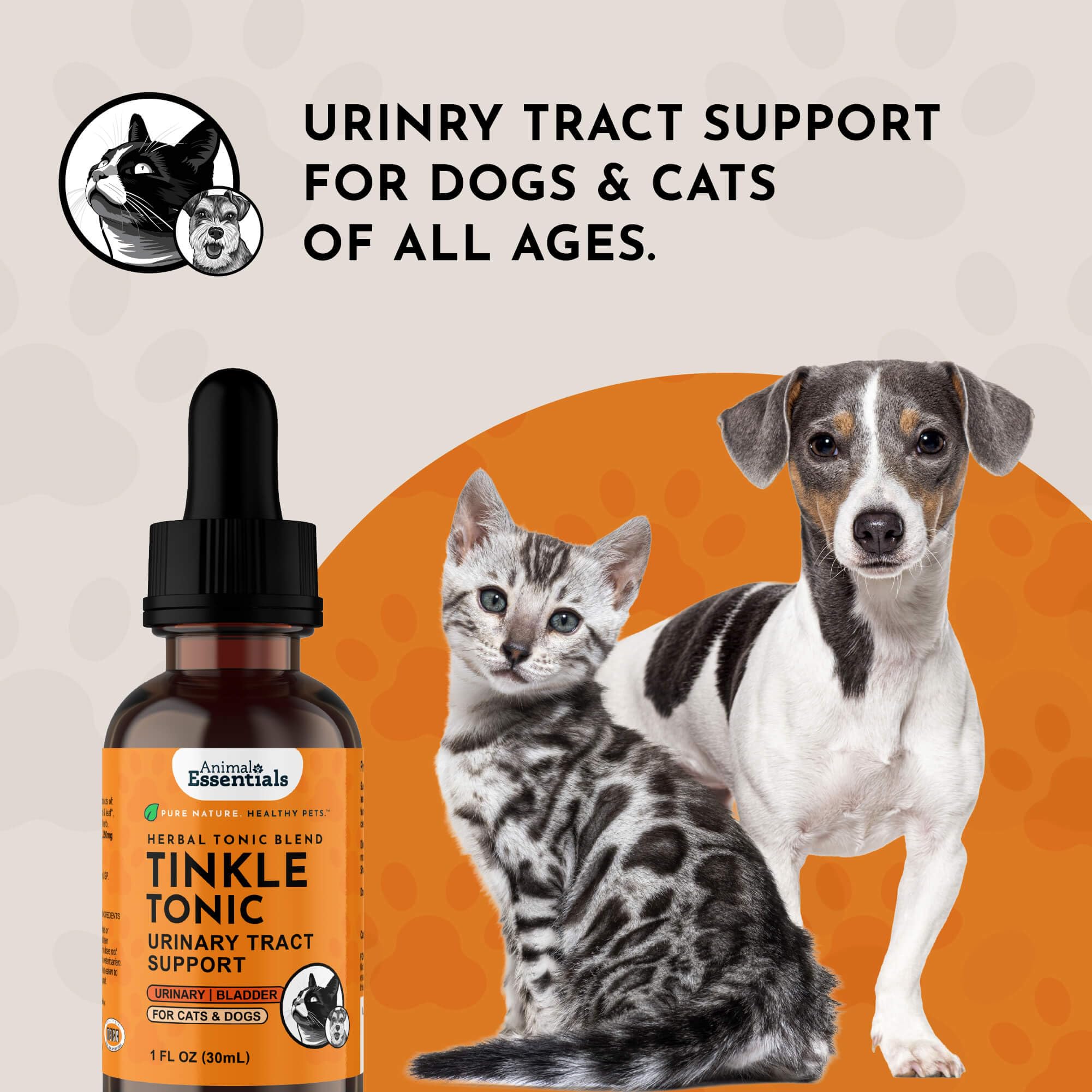 Animal Essentials Tinkle Tonic organic herbs imagery conveys natural ingredients.