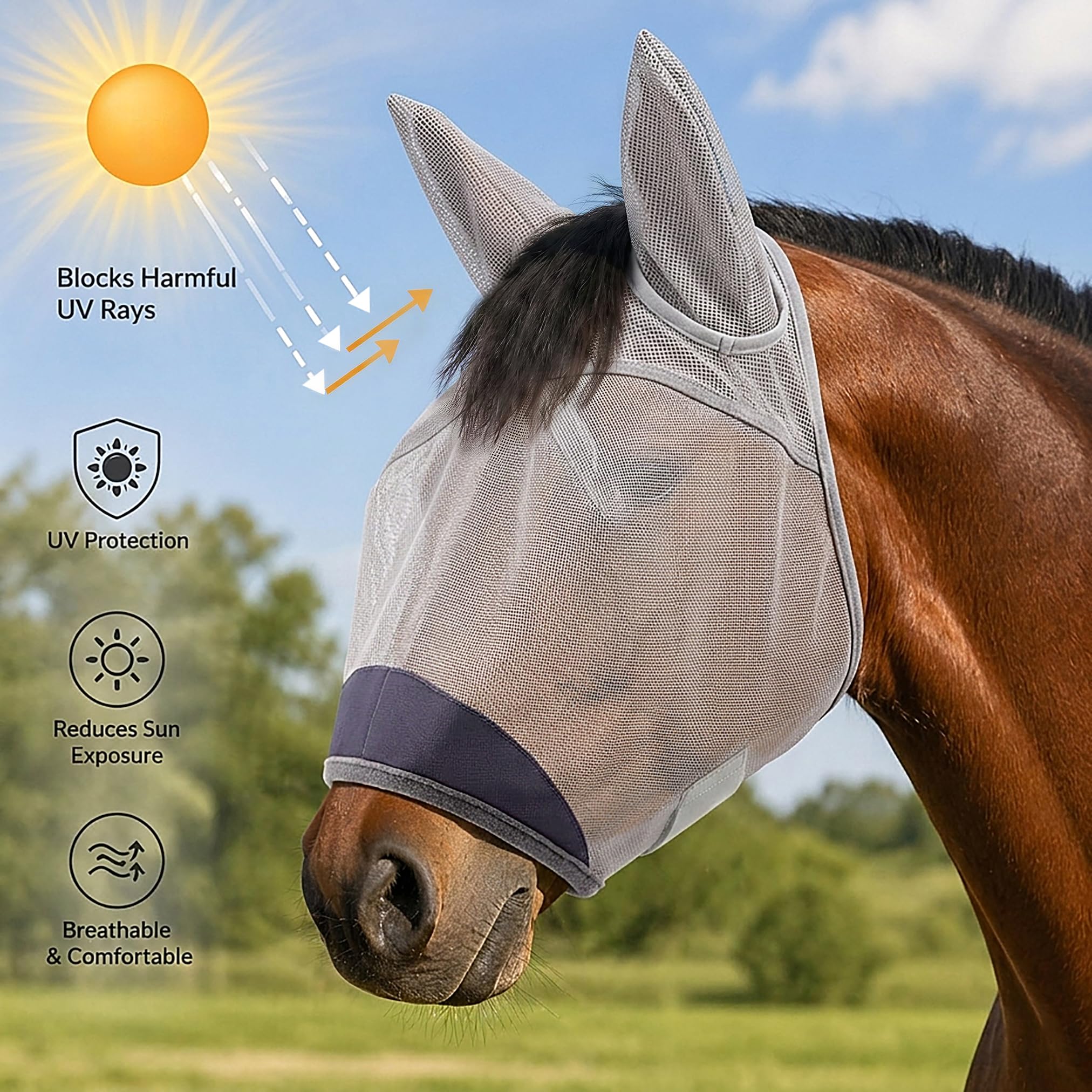 Breathable mesh keeps horses cool while protecting against insects.