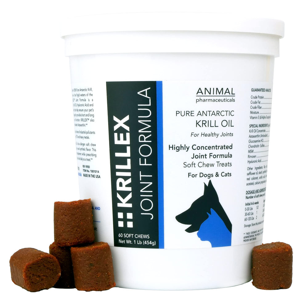 Animal Pharmaceuticals Krillex bottle front with cheese-flavored joint supplement for pets.