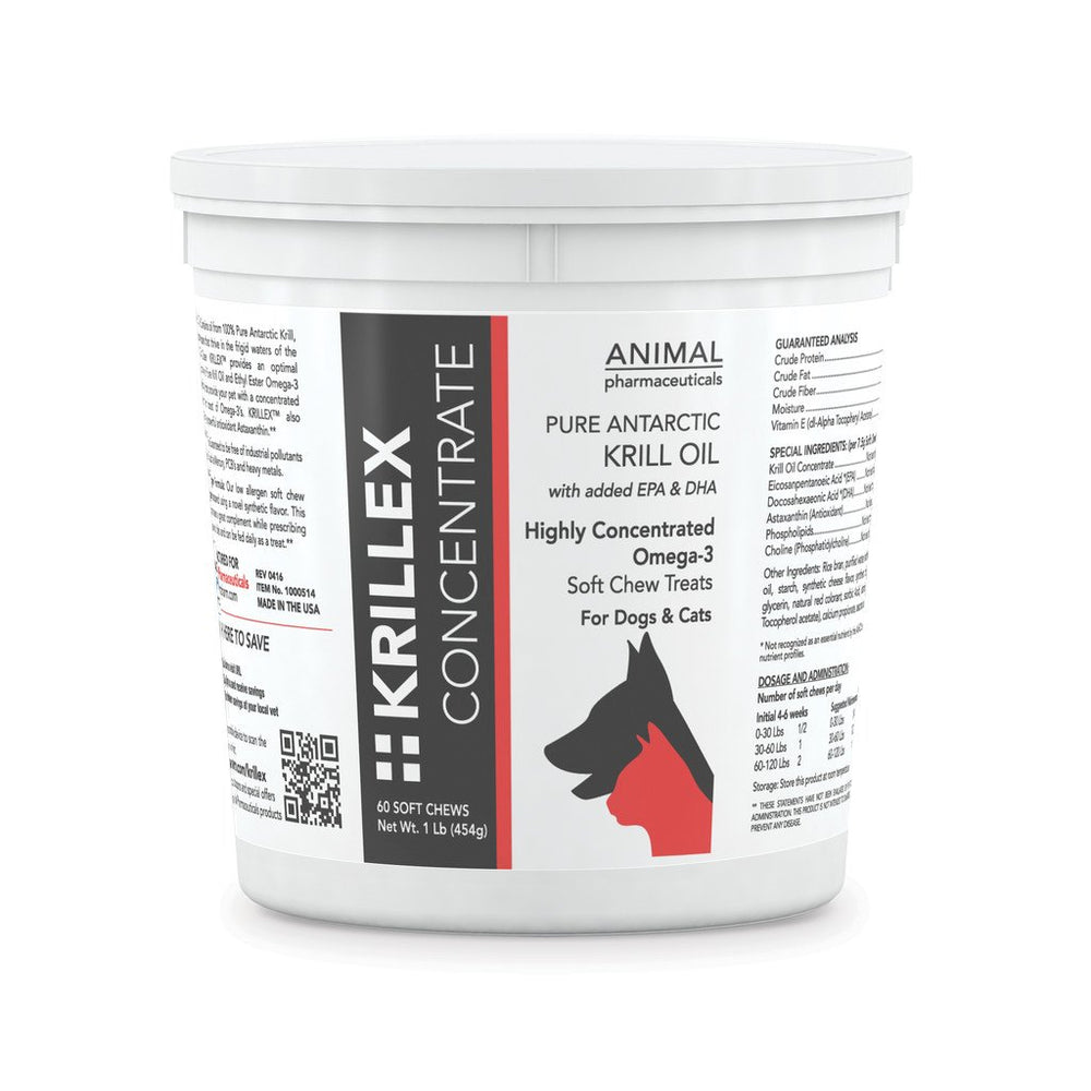 Animal Pharmaceuticals Krillex Concentrate bottle pour highlighting a soft chew for healthy skin and coat