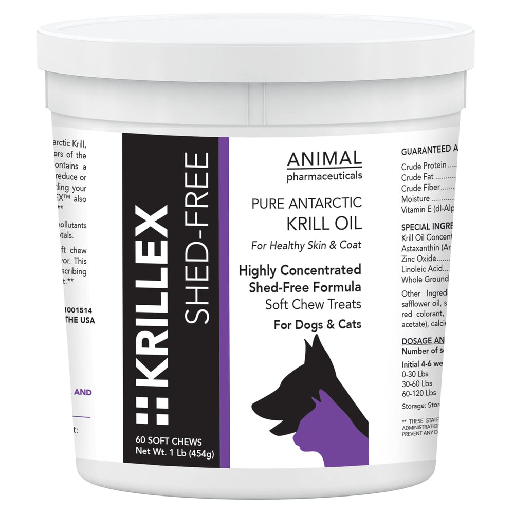 Animal Pharmaceuticals Krillex Shed-Free Chews packaging promotes skin and coat health.