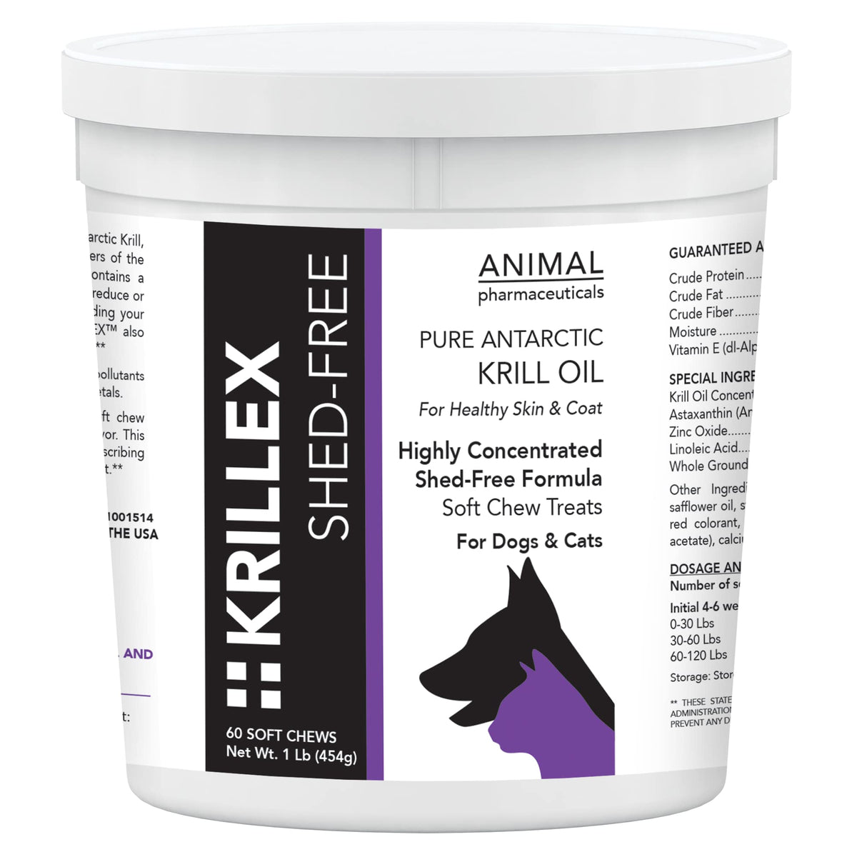 Animal Pharmaceuticals Krillex Shed-Free Chews packaging promotes skin and coat health.