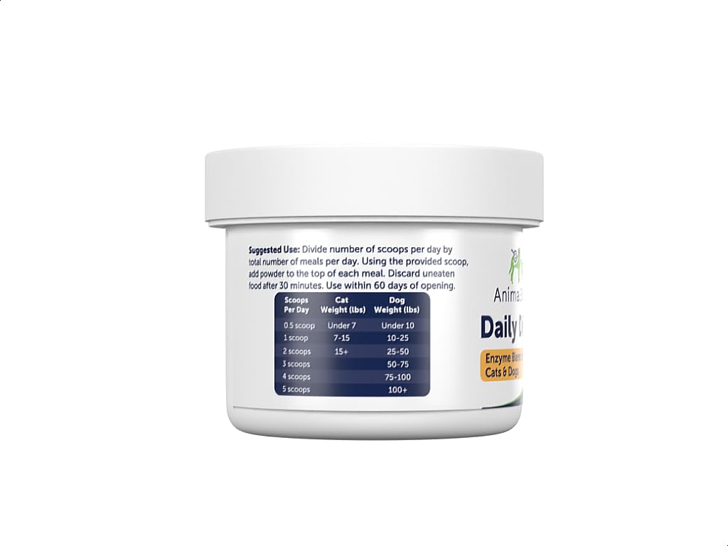 AnimalBiome Daily Digest scoop and jar demonstrate easy daily enzyme supplementation