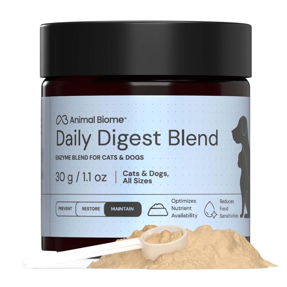 AnimalBiome Daily Digest tub front view showing powder for gentle pet digestion