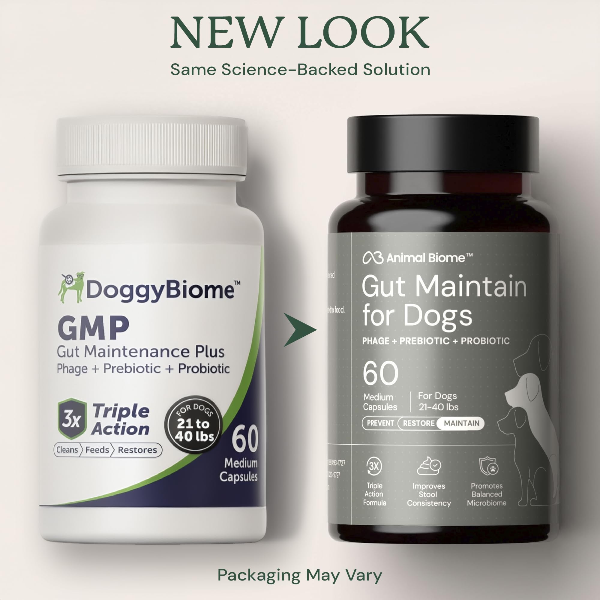 AnimalBiome dog probiotics capsules closeup highlights easy daily dosing.