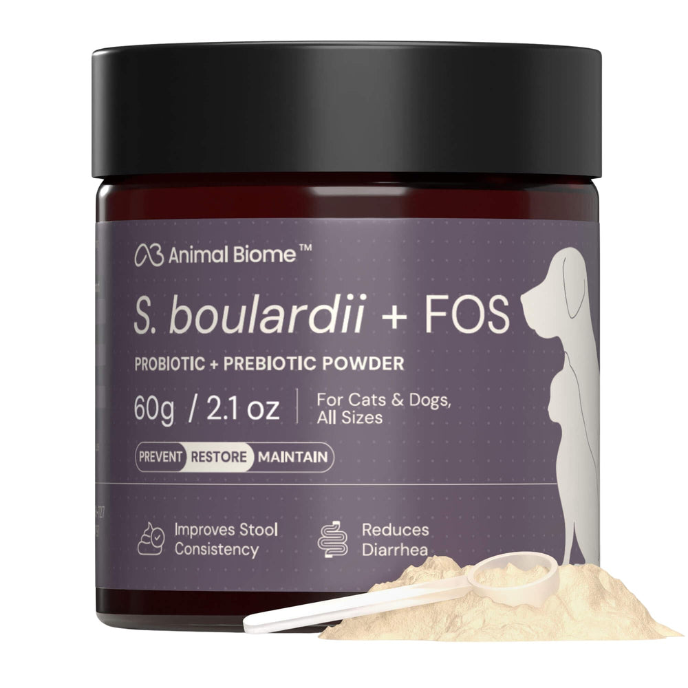AnimalBiome S. boulardii + FOS powder jar front for easy gut support