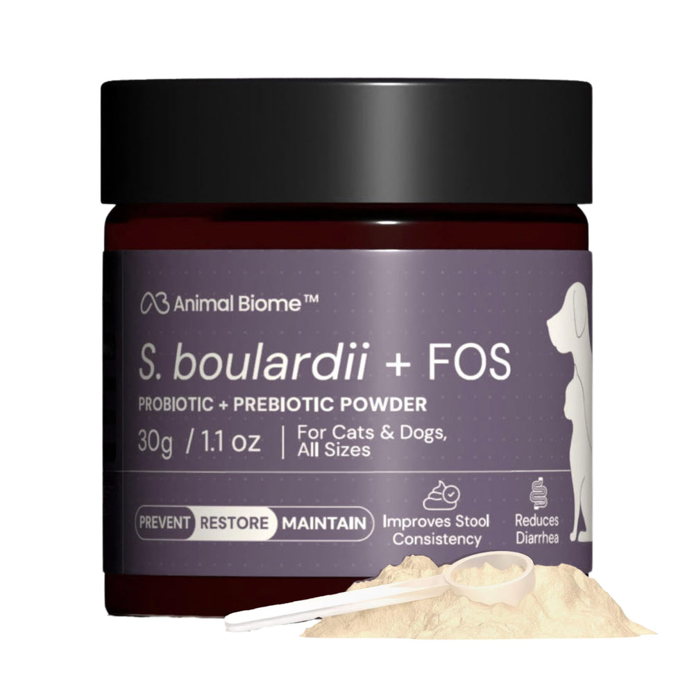 AnimalBiome S. boulardii + FOS powder tub close-up for dogs and cats supporting gut balance.