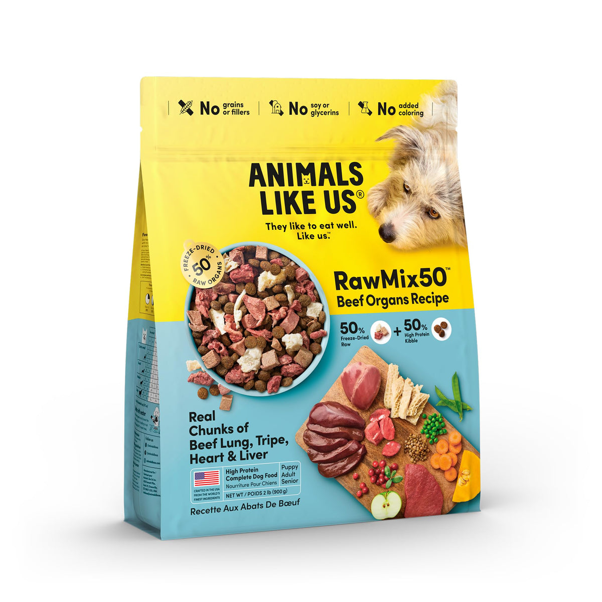 Animals Like Us RawMix50 bag packaging shows premium, protein-rich dog food for balanced meals.