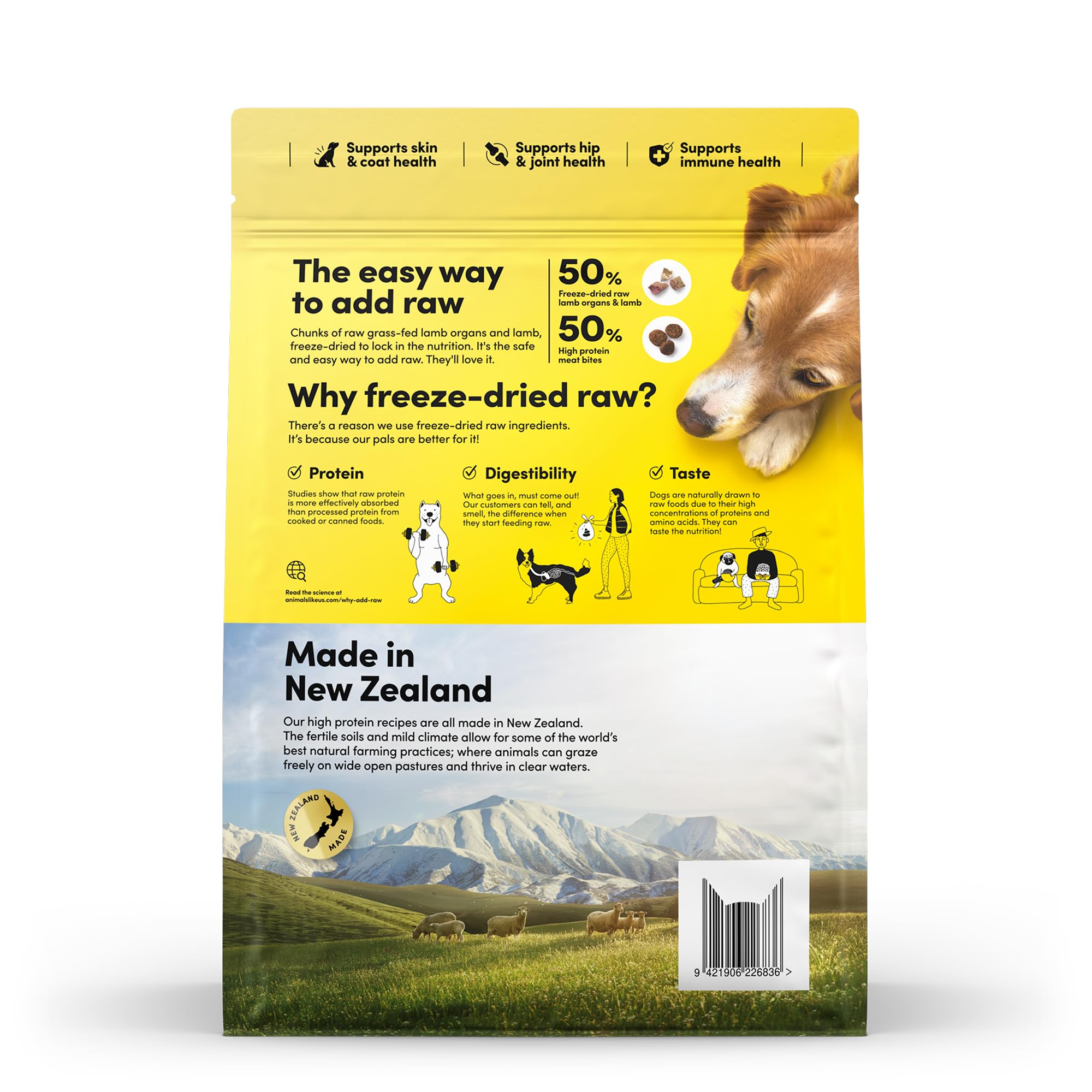 Animals Like Us RawMix50 New Zealand meat sourcing shown in graphic.