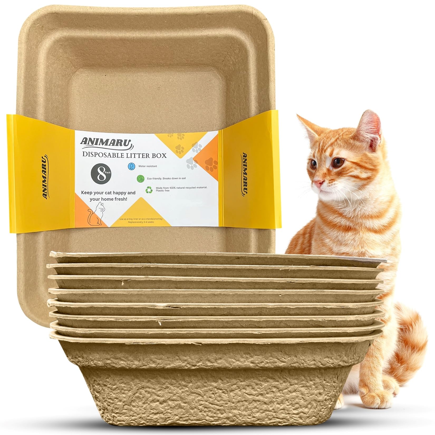 Animaru disposable litter box packaging shows the brown 8-pack, eco-friendly disposal option.