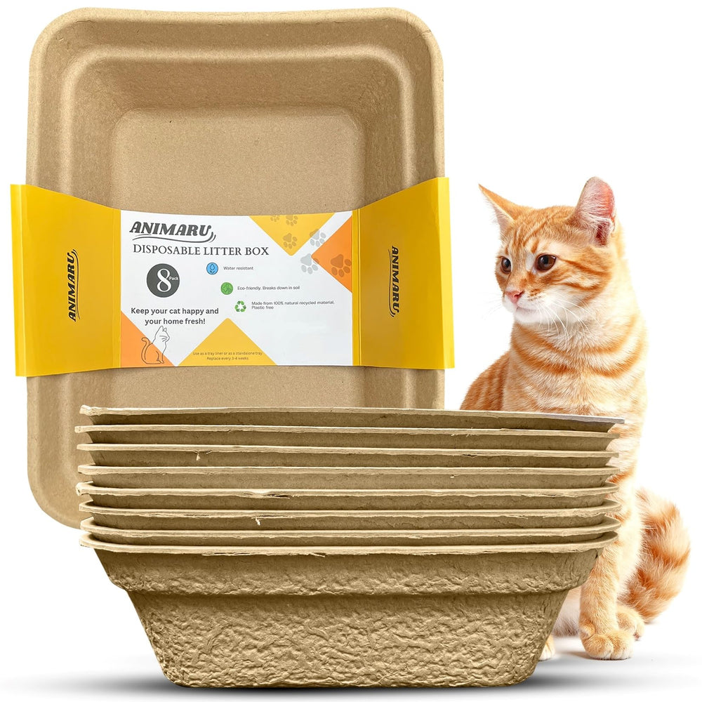 Animaru disposable litter box packaging shows the brown 8-pack, eco-friendly disposal option.