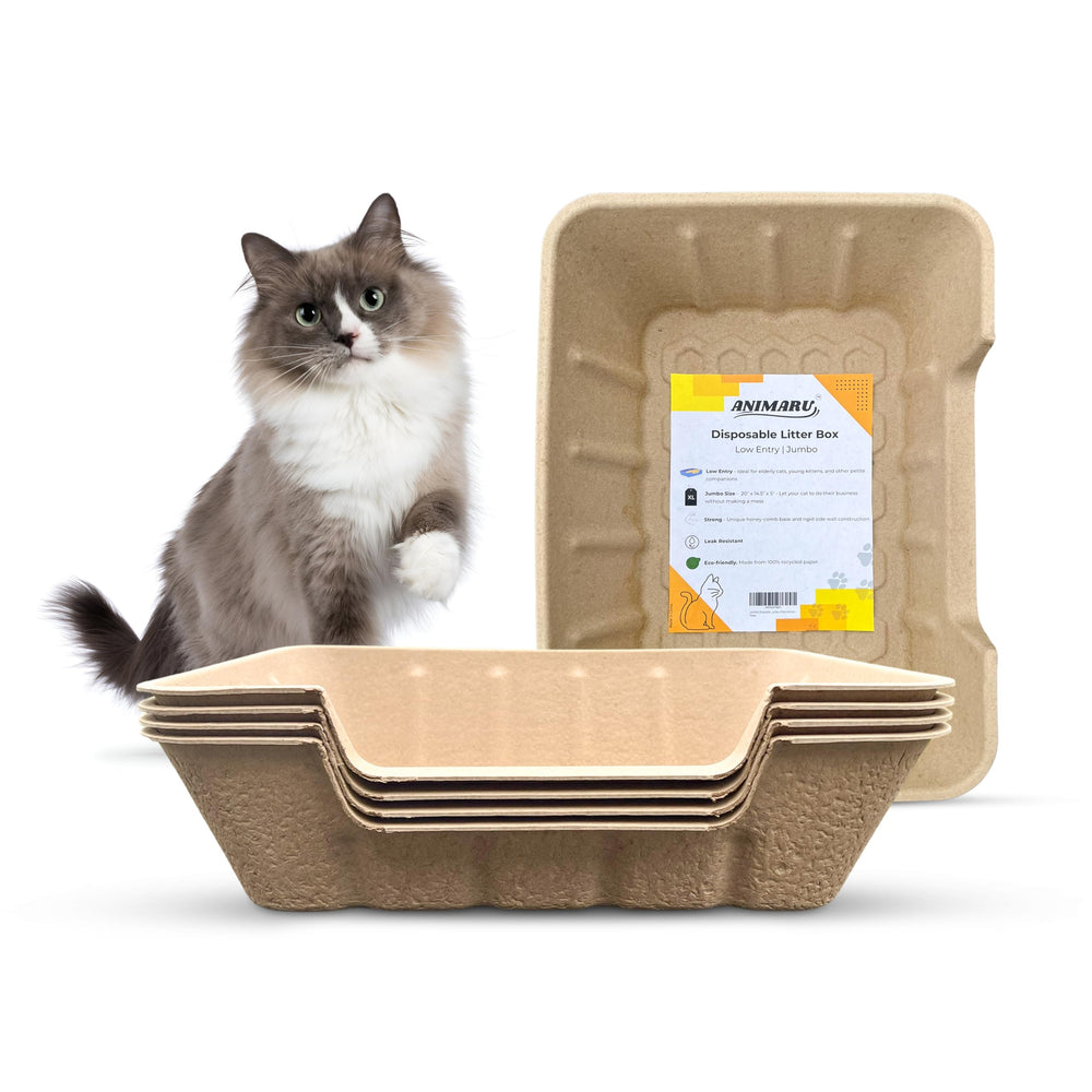 Animaru disposable litter boxes four-pack with jumbo low-entry design for easy setup and disposal.
