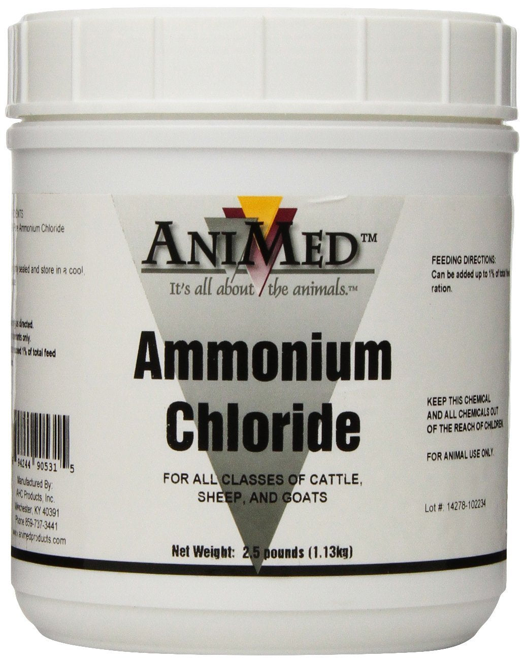 ANIMED ammonium chloride powder packaging for animal supplementation and urinary support.
