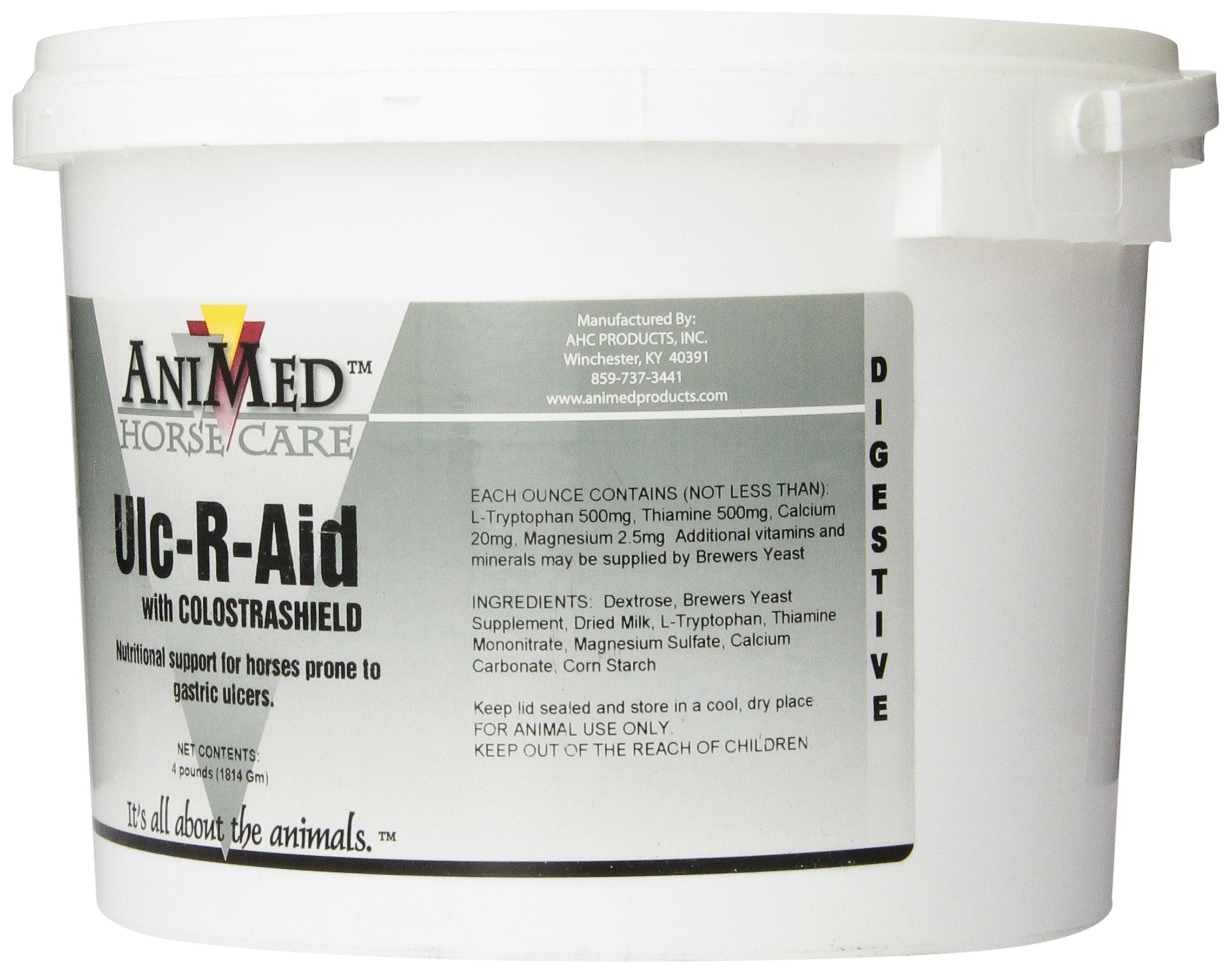 ANIMED ULC-R-Aid 4-lb tub with horse feed setup, convenient bulk option.