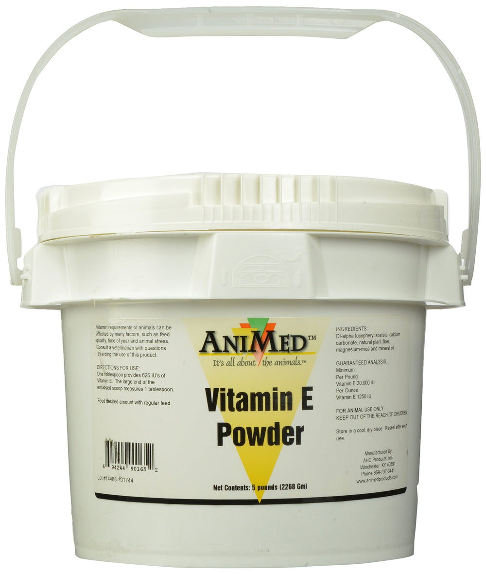 ANIMED Vitamin E Powder 5lb bottle shown for easy daily supplementation.