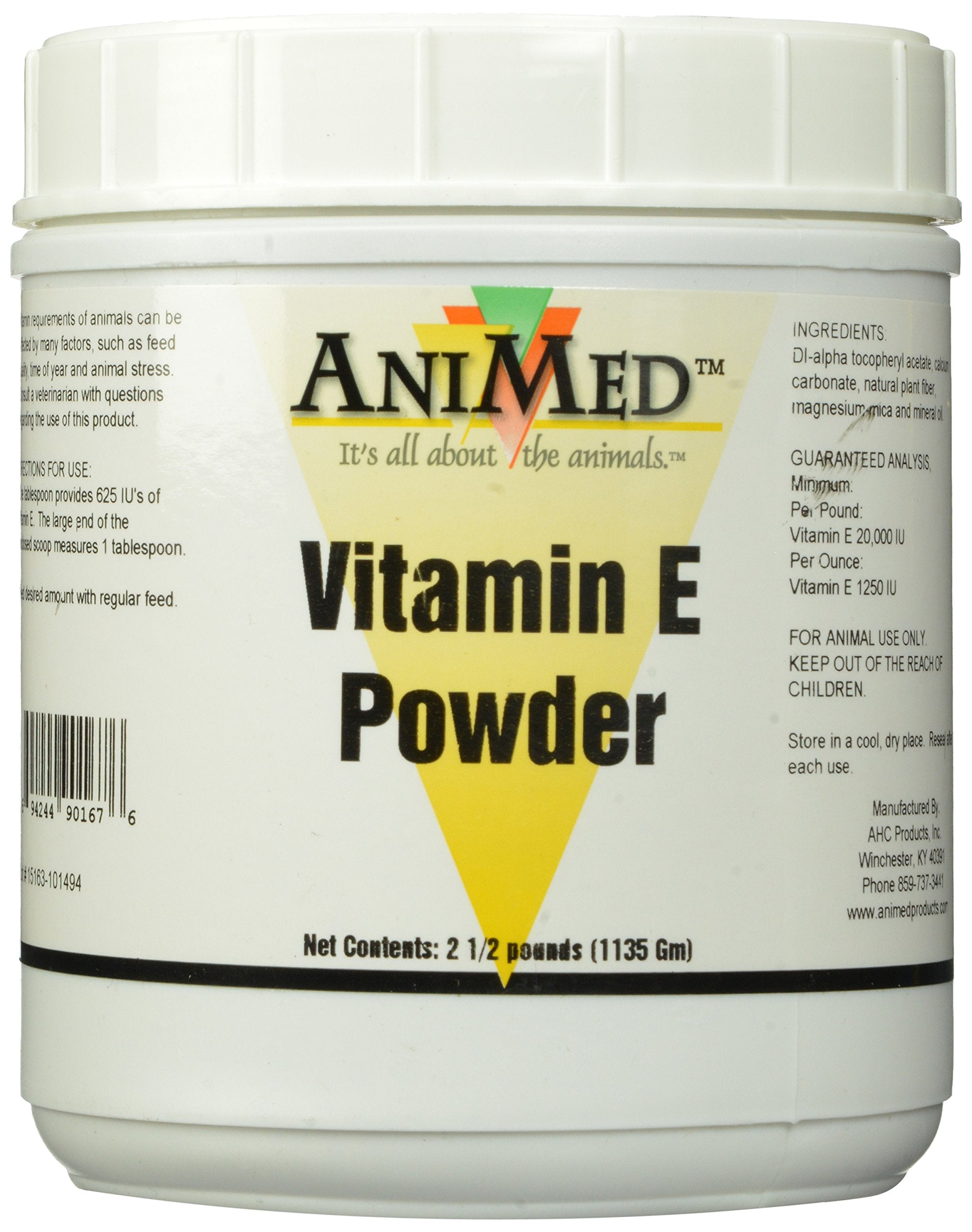 ANIMED Vitamin E powder bottle for horses supports daily supplementation.