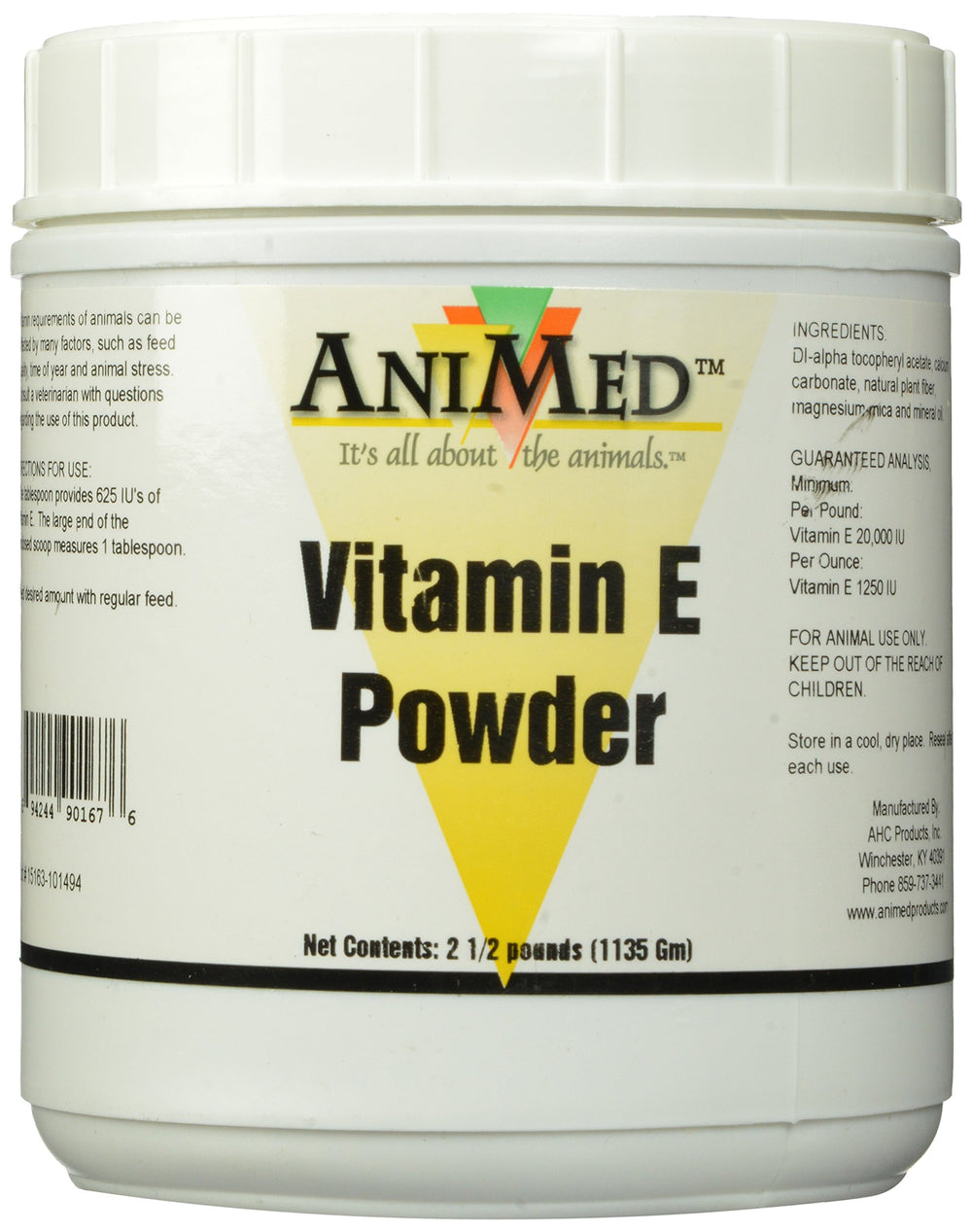 ANIMED Vitamin E powder bottle for horses supports daily supplementation.