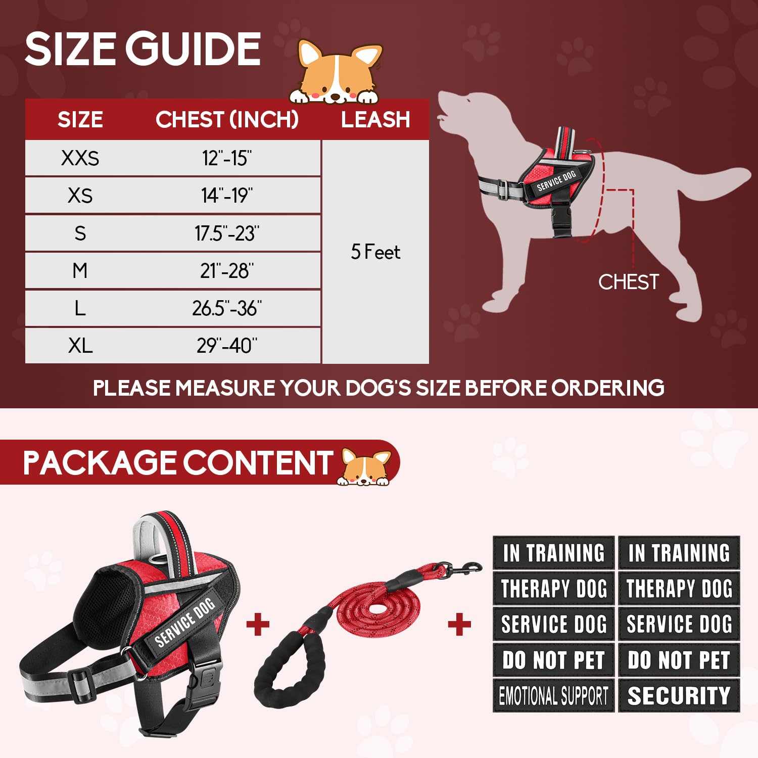 Animire size chart shows XS to XL fit for various dogs.