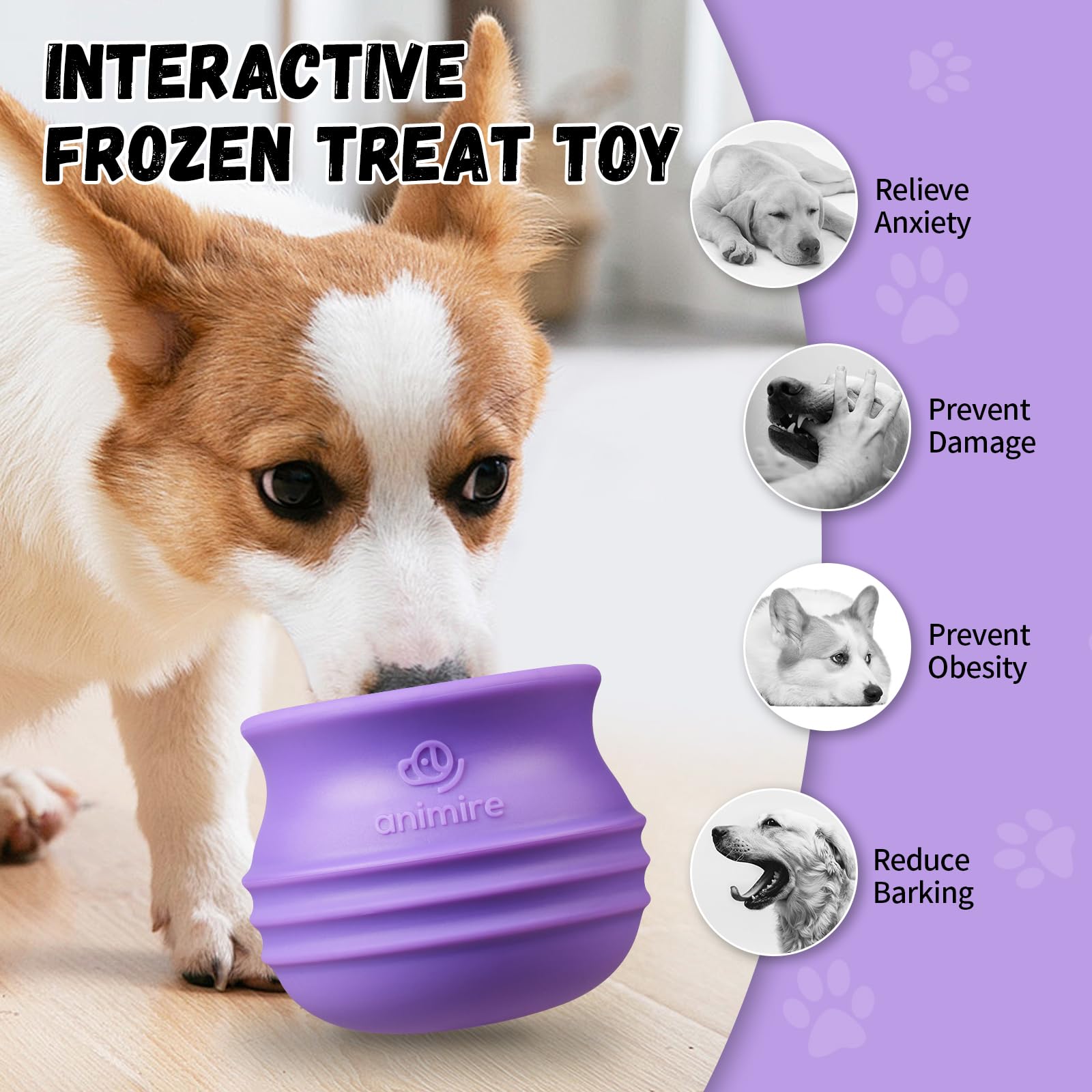 Purple Animire treat-dispensing toy keeps dogs mentally engaged during play.