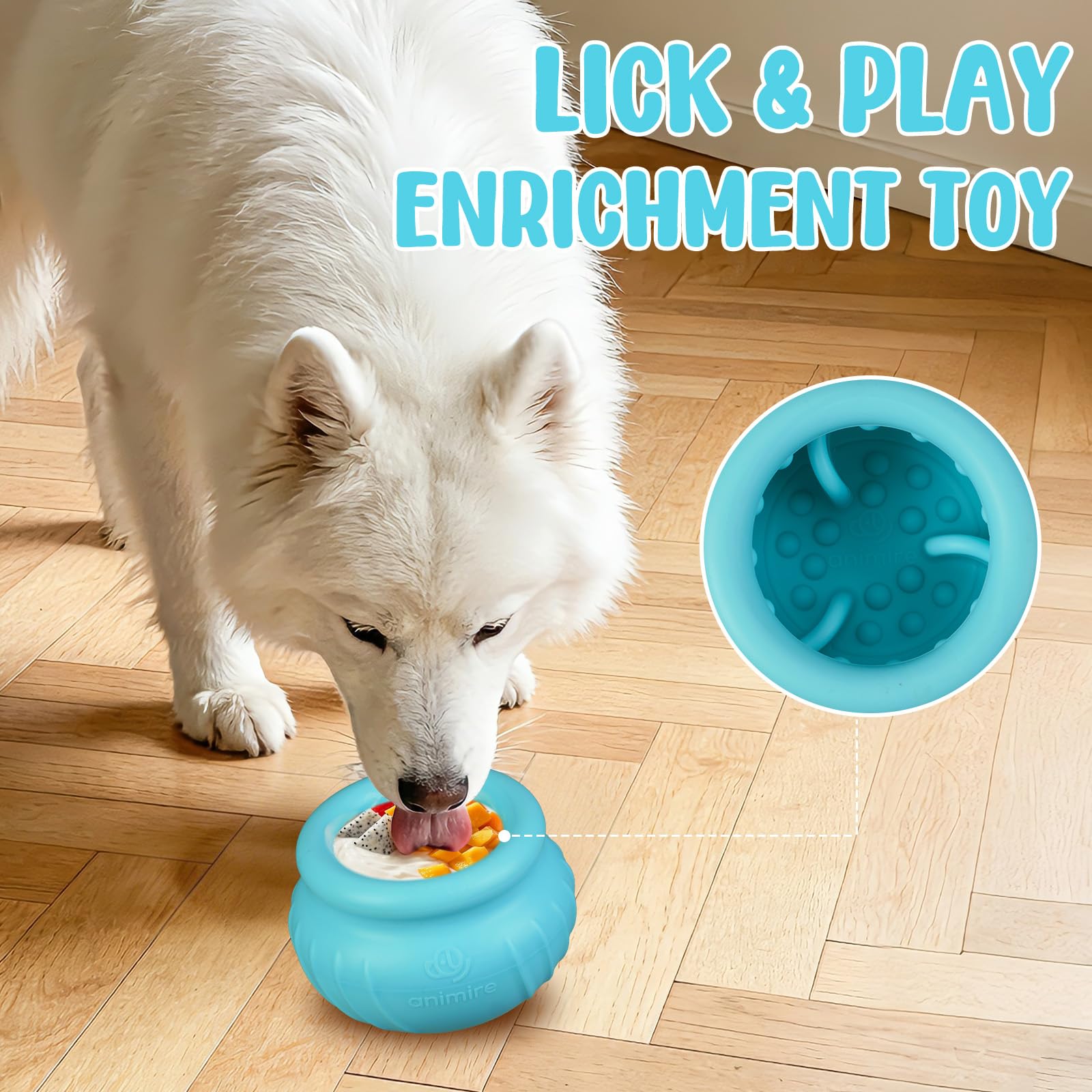 Animire Wobbly Dog Lick Toy close-up highlights textured inner surface.