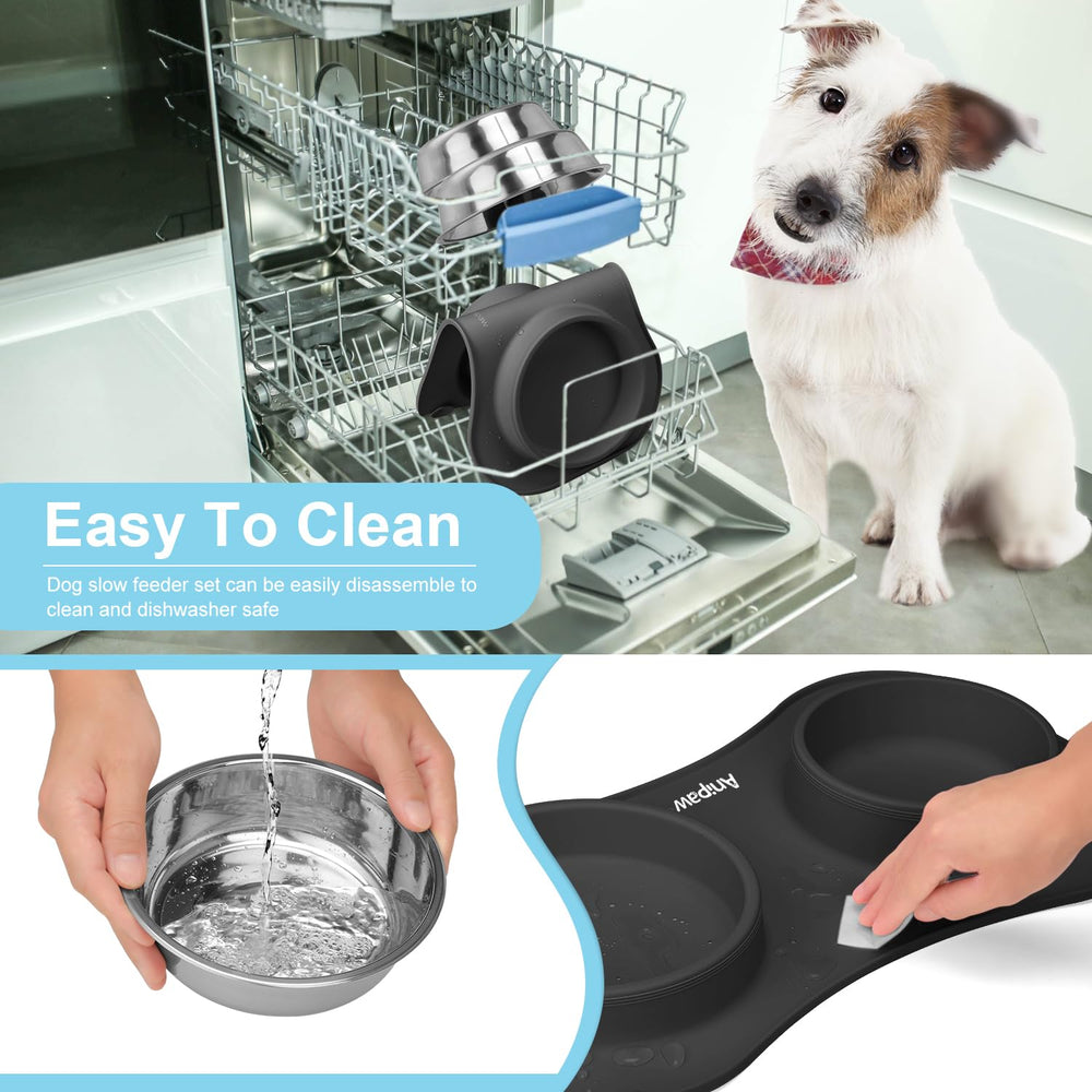 Anipaw bowls and mat labeled dishwasher-safe for easy cleaning