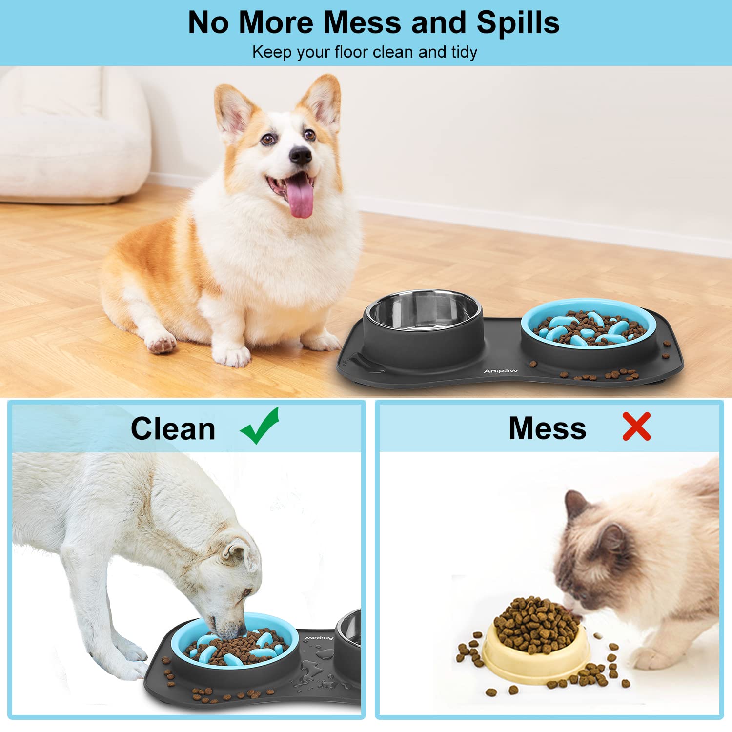 Anipaw non-skid silicone mat with suction cups keeps bowls steady.