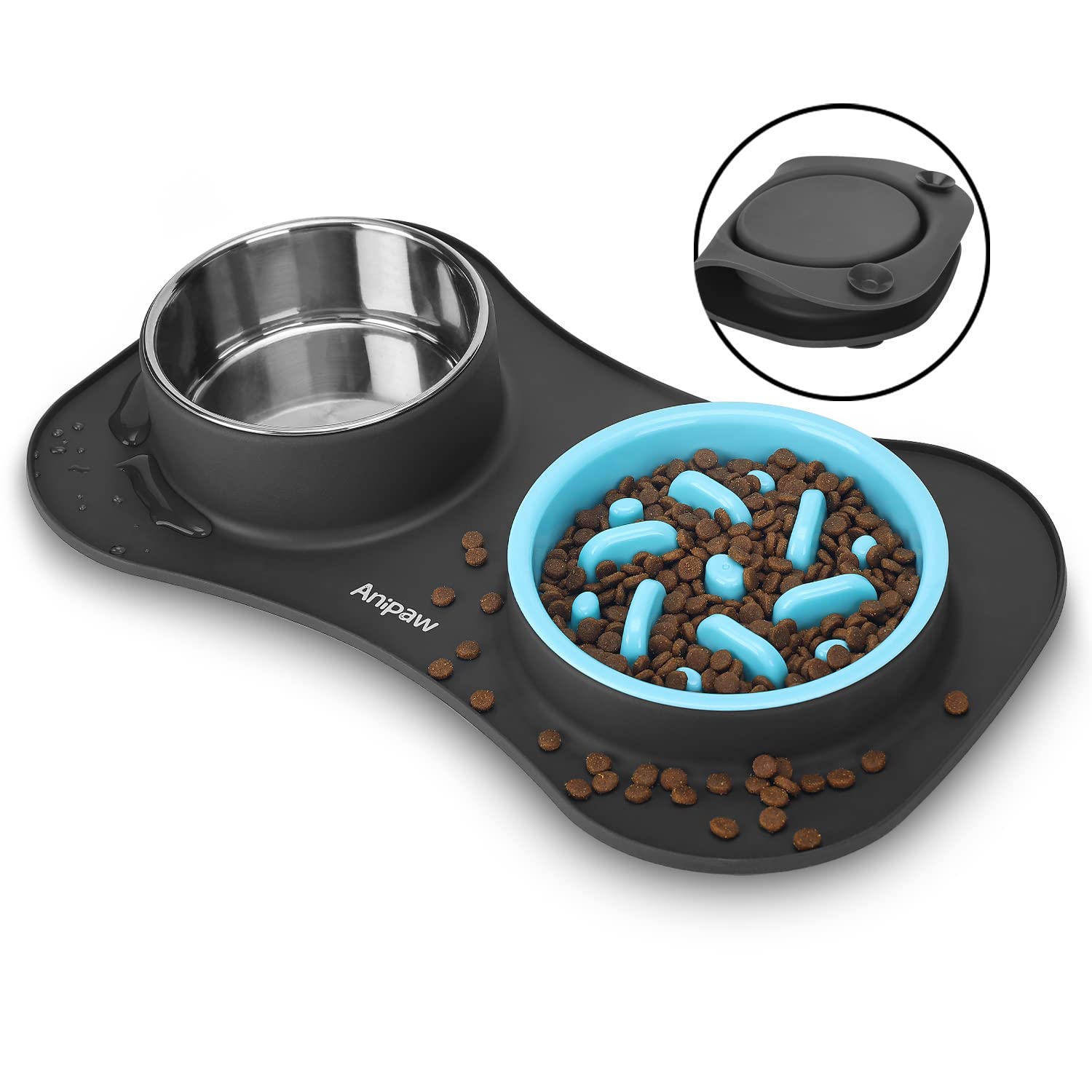 Anipaw slow feeder bowl set shown with mat for tidy, organized mealtimes.