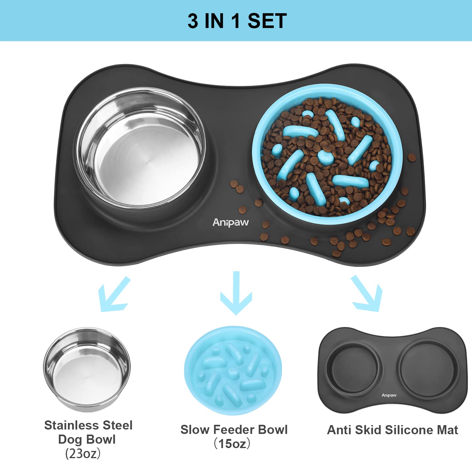 Anipaw dishware set helps prevent spills and protects floors.