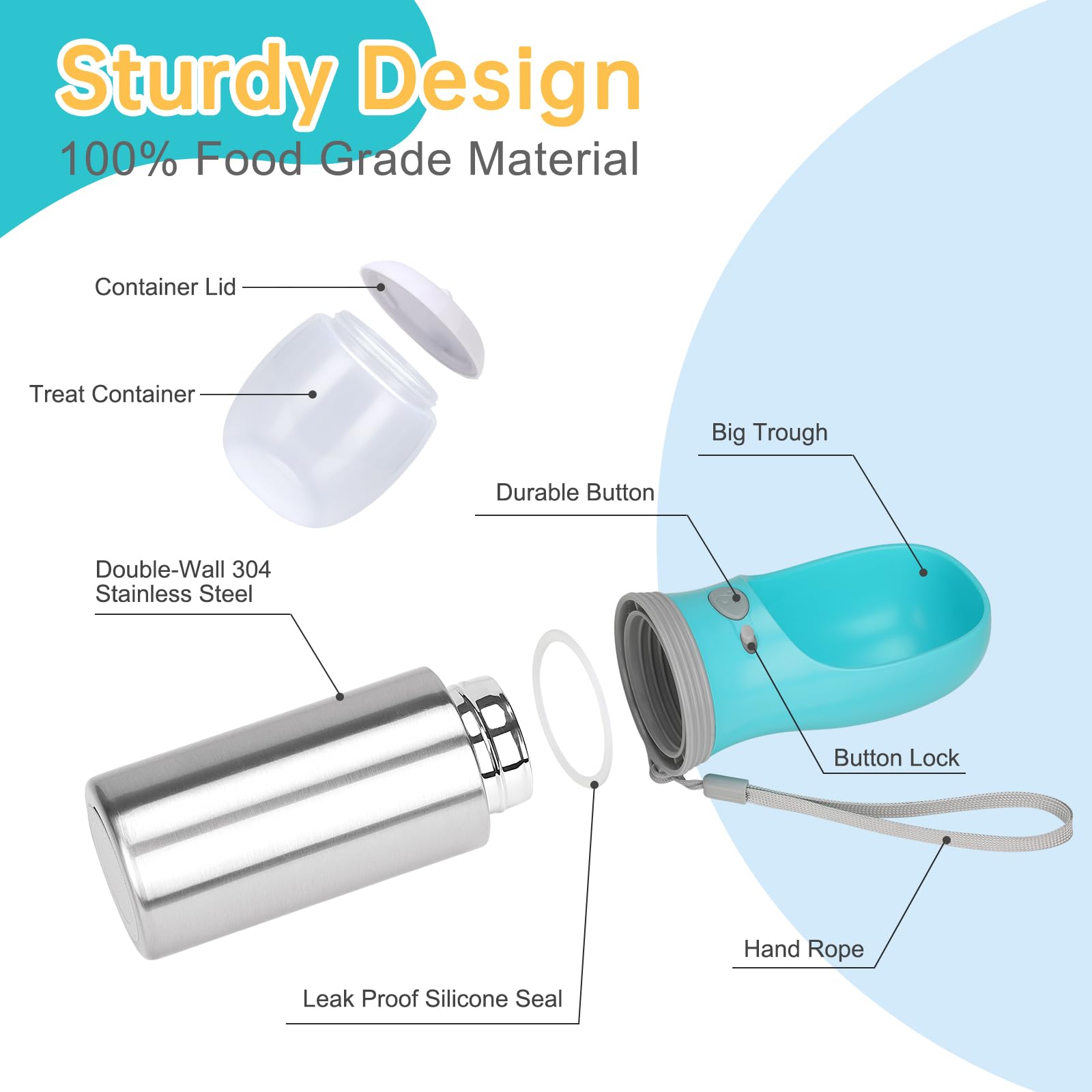 Anipaw water bottle with attached food container for snacks during hikes.