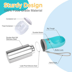 Anipaw water bottle with attached food container for snacks during hikes.